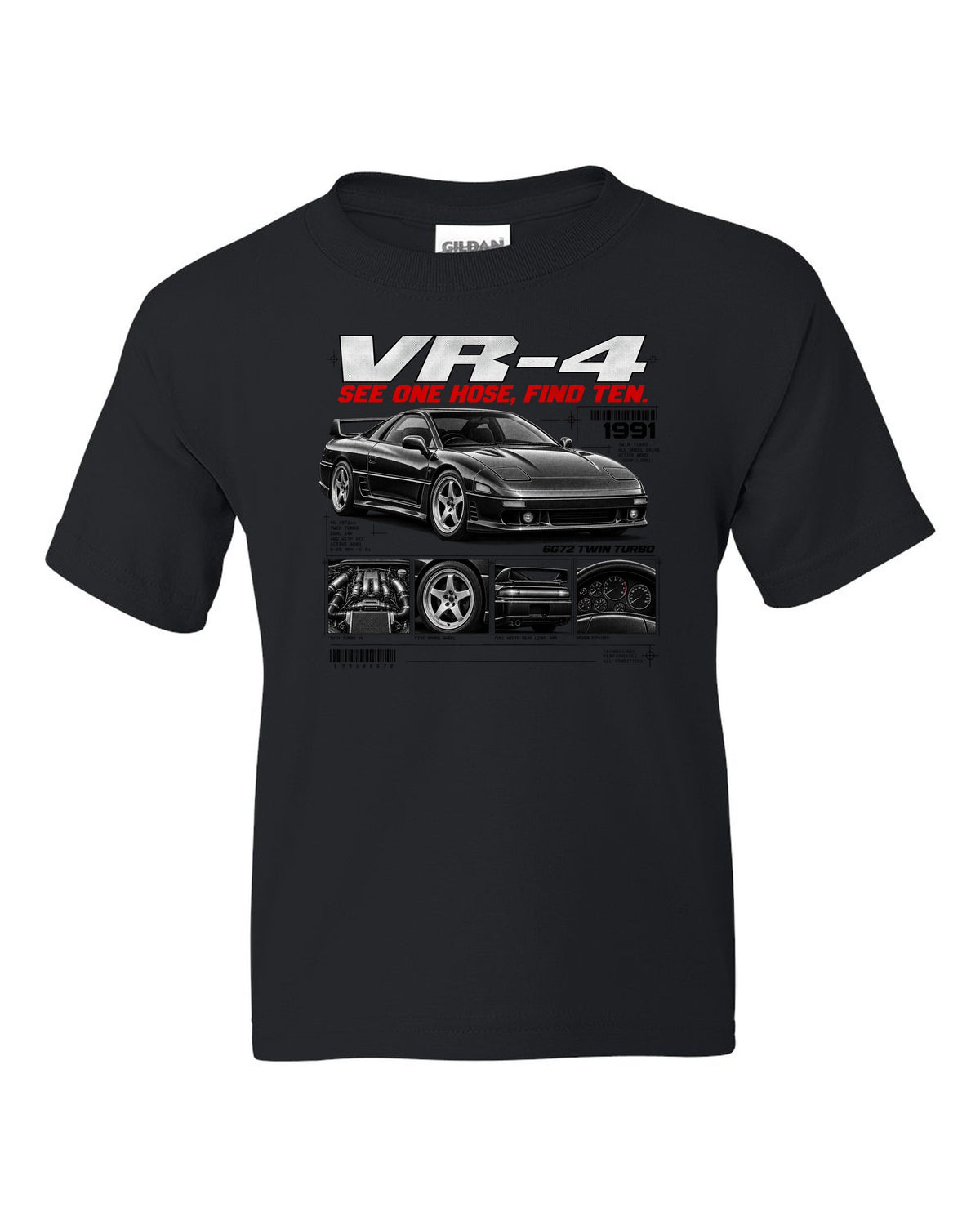 Mitsubishi 3000GT VR-4 Z16A dossier panel print with 6G72 twin turbo text black kids tee front view with the design