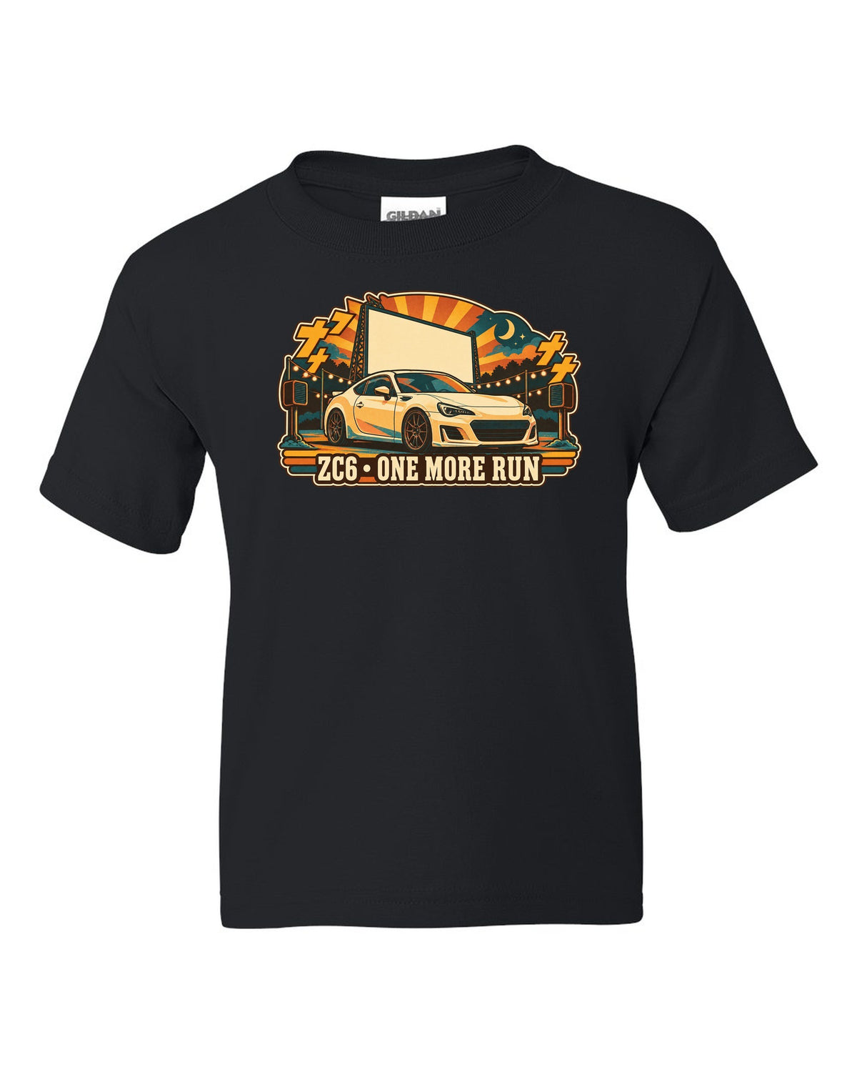 Subaru BRZ ZC6 in a retro Japanese showa catalogue ad style, ZC6 / ONE MORE RUN black kids tee front view with the design