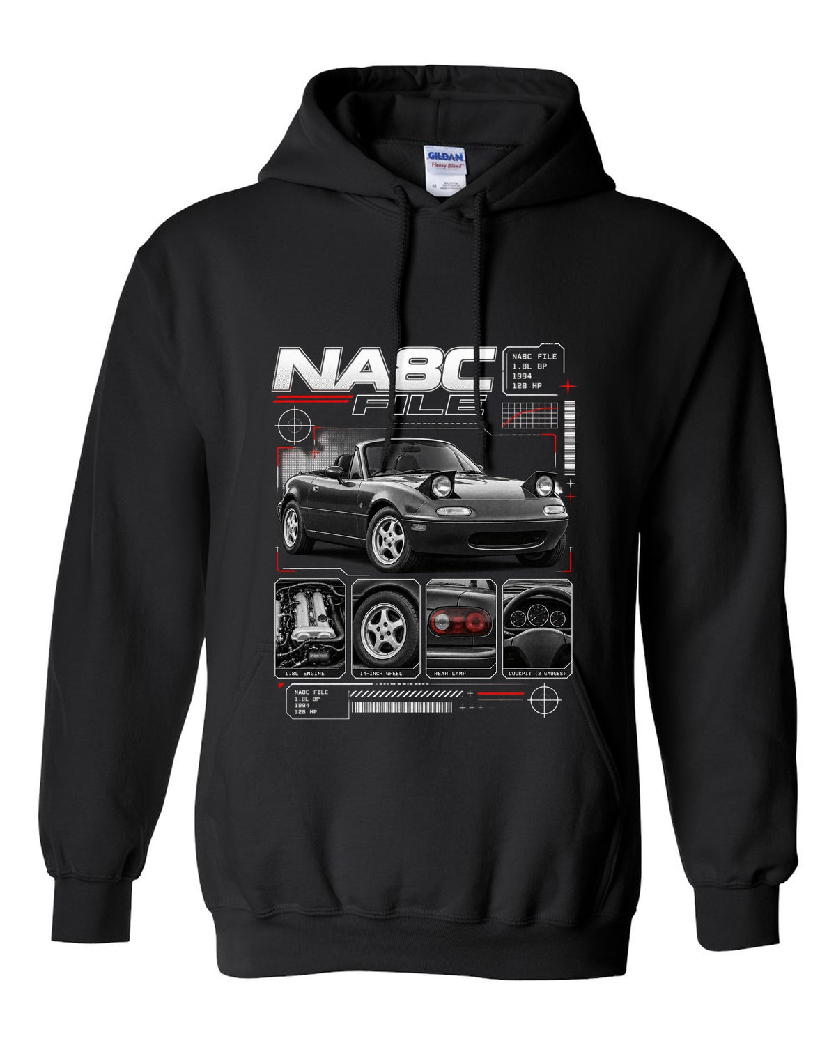 Dossier panel print of a Mazda MX-5 NA Eunos Roadster with NA8C spec lettering black pull over hoodie front view with the design