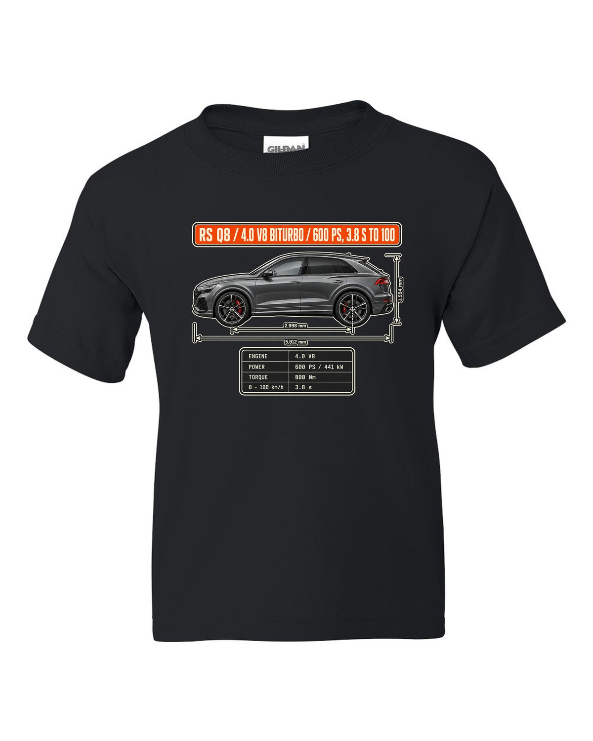 Audi RS Q8 dimension blueprint print with V8 biturbo specs black kids tee front view with the design