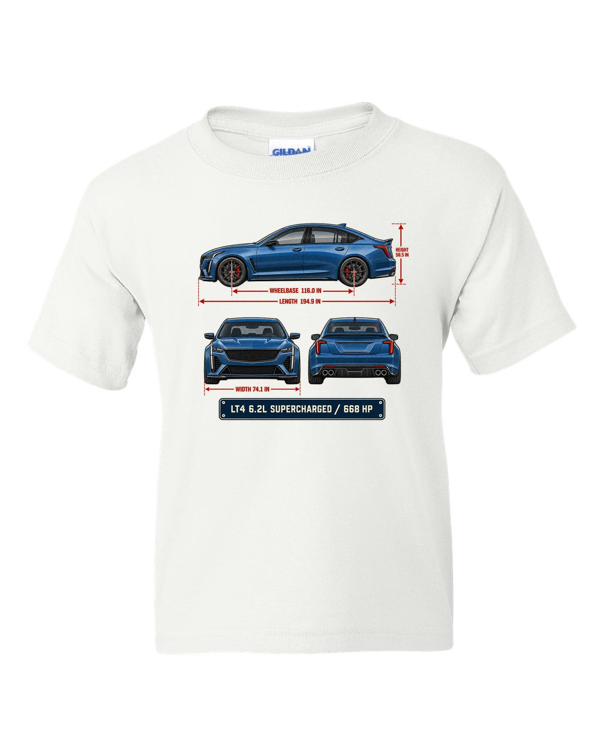 Dimension blueprint print of a Cadillac CT5-V Blackwing sedan white kids tee front view with the design