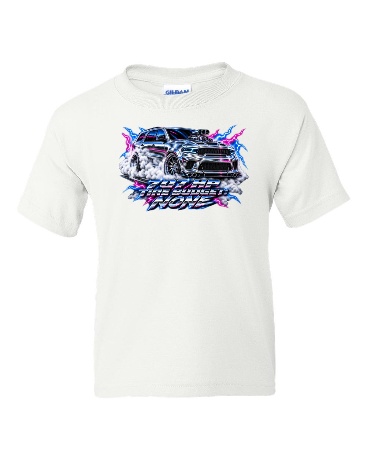 80s airbrush chrome print of a Jeep Grand Cherokee WK2 Trackhawk with 707 HP text white kids tee front view with the design