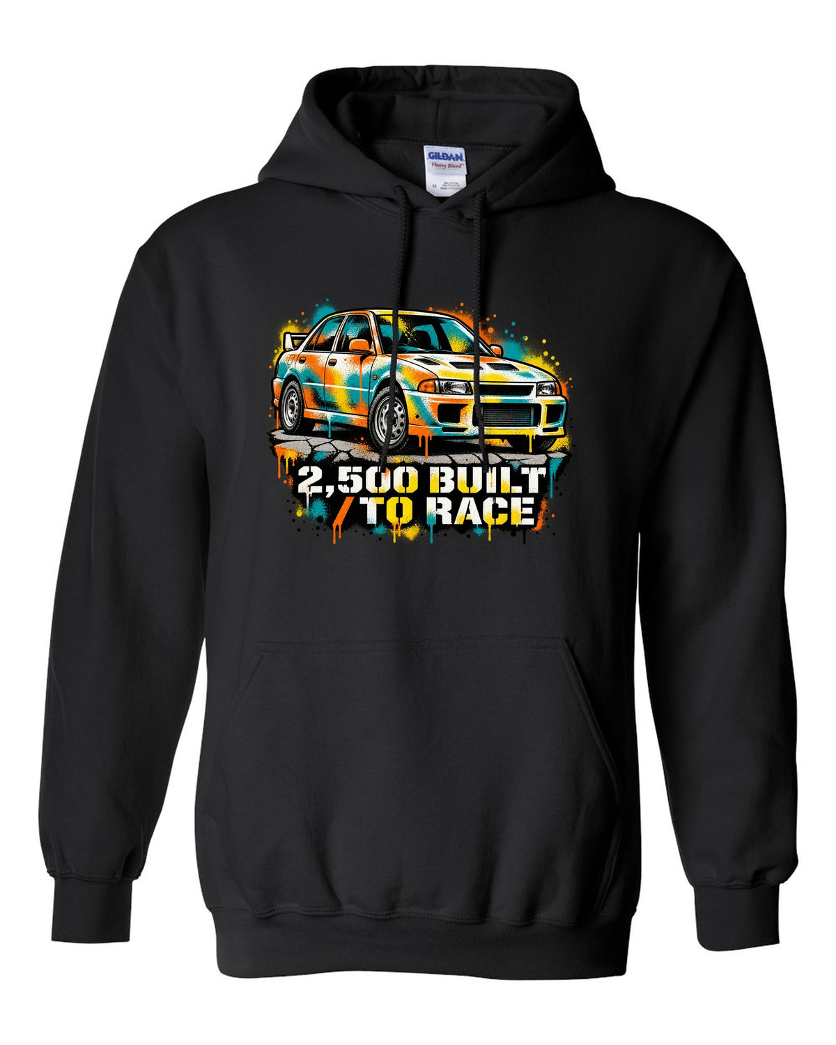 Spray-paint stencil of a Mitsubishi Lancer Evolution I CD9A with 2,500 built text black pull over hoodie front view with the design