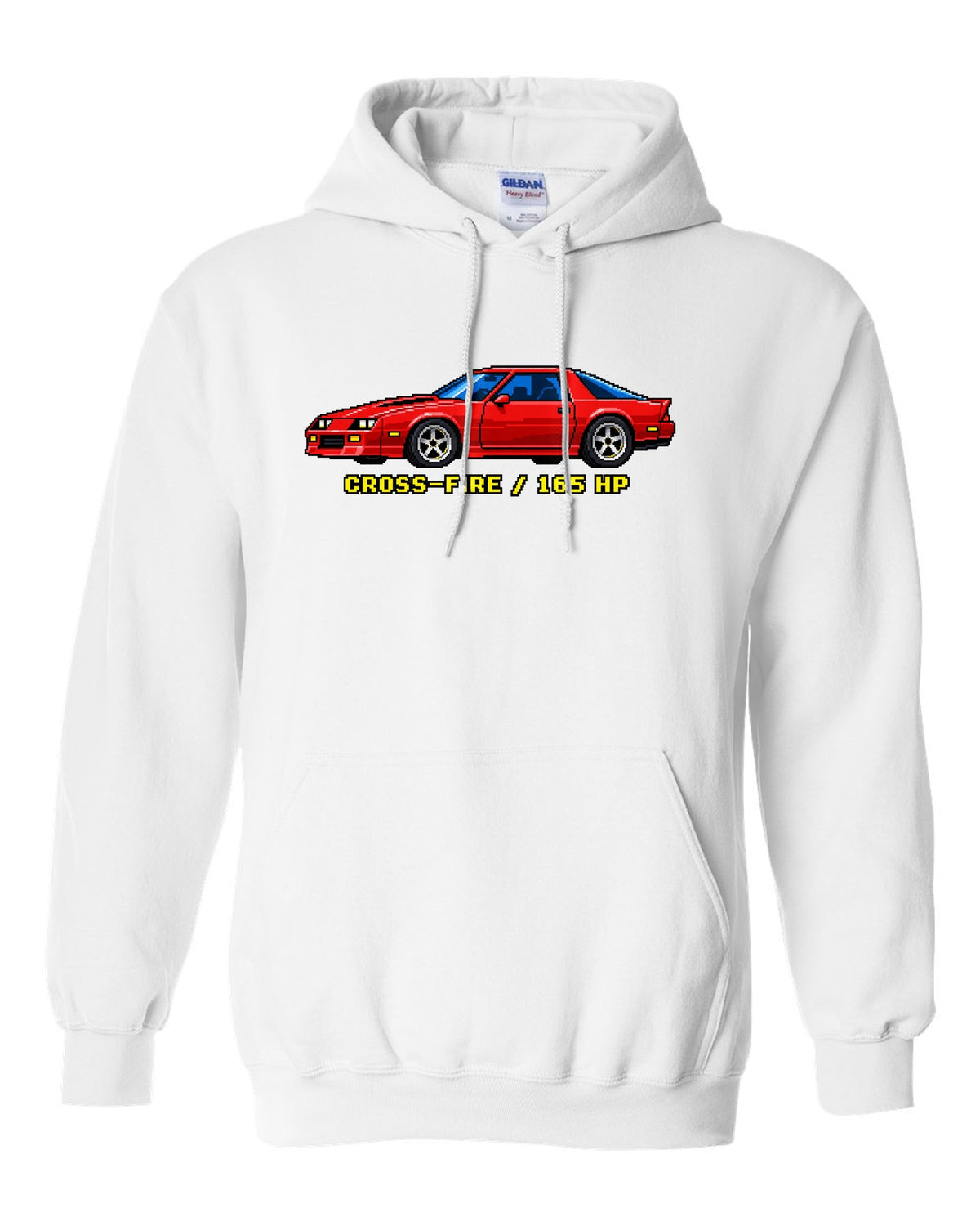 1982 Camaro Z28 third-generation chback in 16-bit pixel art with Cross-Fire 165 HP text white pull over hoodie front view with the design