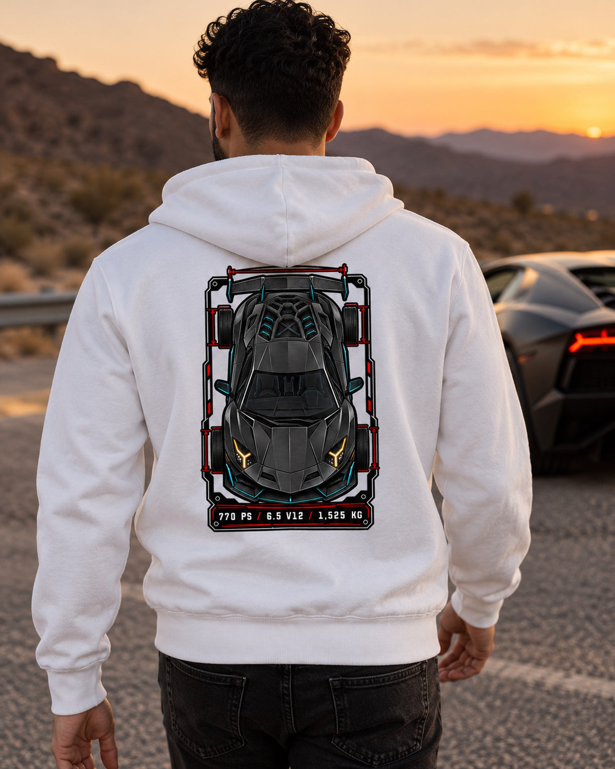 Aventador SVJ LP770-4 Spec Sheet Data Plate Tee, 770 PS Zip Hoodie White worn hero