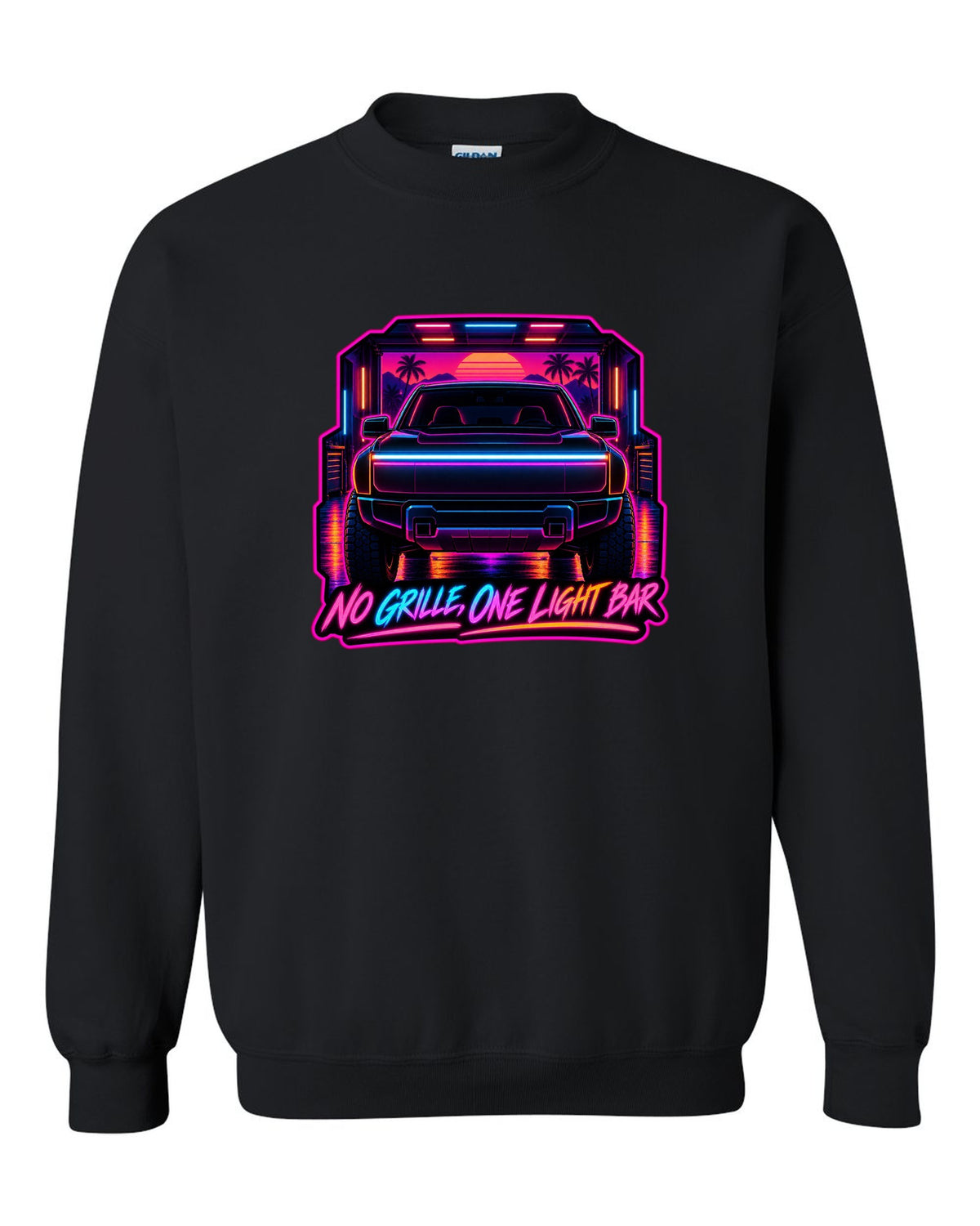 Ford F-150 Lightning neon synthwave glow print with no grille and one light bar text black crewneck front view with the design