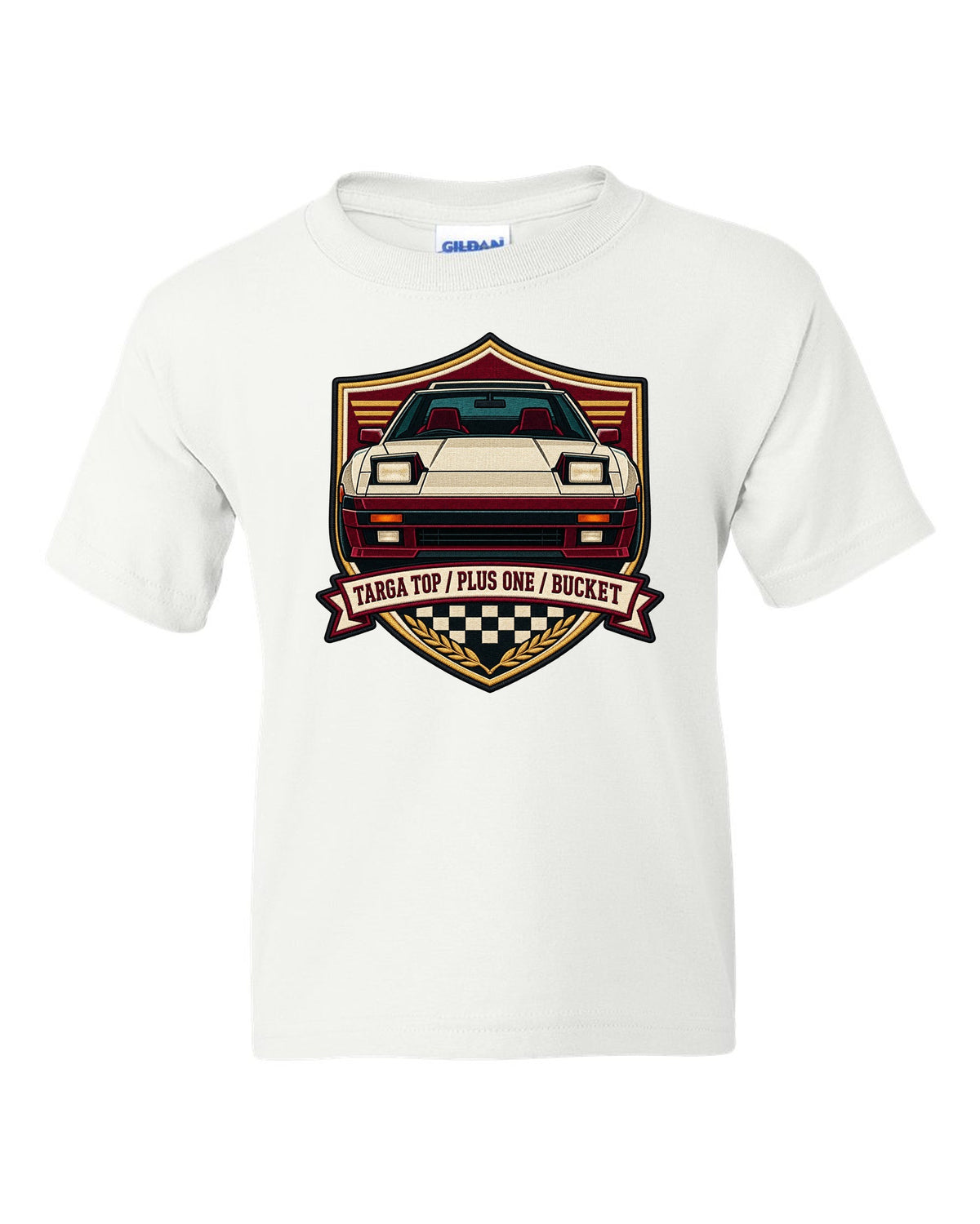 Shield crest design for the Toyota Supra A70 MA70 with pop-up headlights white kids tee front view with the design