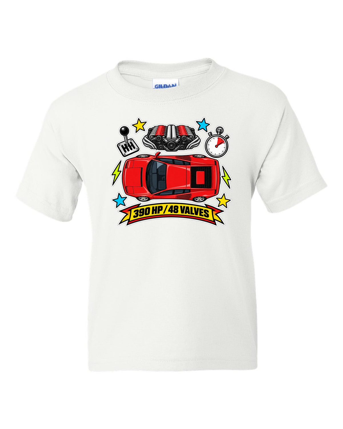 Sticker-bomb collage of the Ferrari Testarossa with 390 HP and 48 valves text white kids tee front view with the design