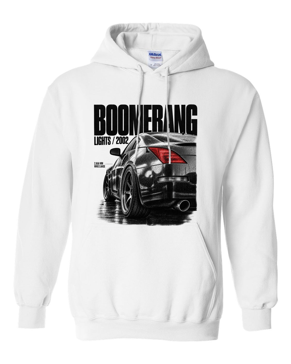 Macro print of Nissan 350Z Z33 boomerang taillights with 2,650 mm wheelbase text white pull over hoodie front view with the design