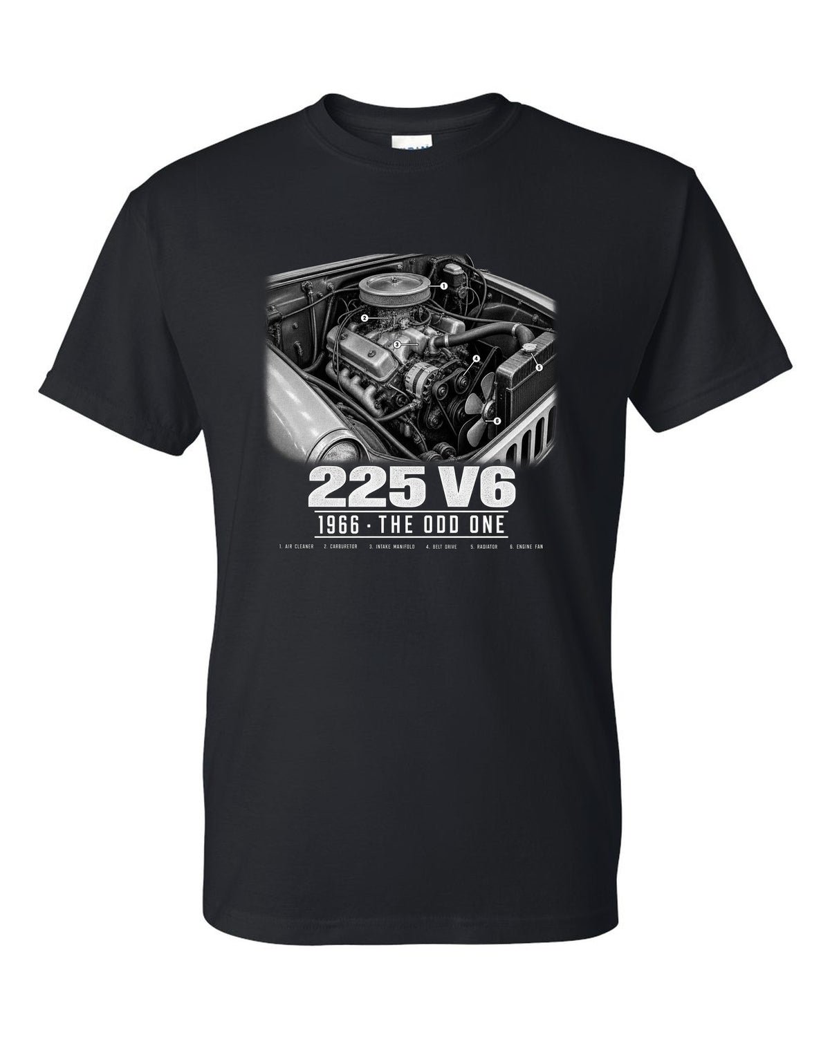 Engine hero print for the Jeep CJ-5 225 V6, 1966 black t-shirt front view with the design