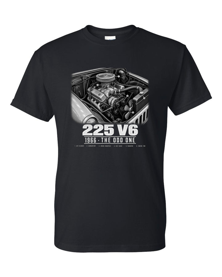 Engine hero print for the Jeep CJ-5 225 V6, 1966 black t-shirt front view with the design