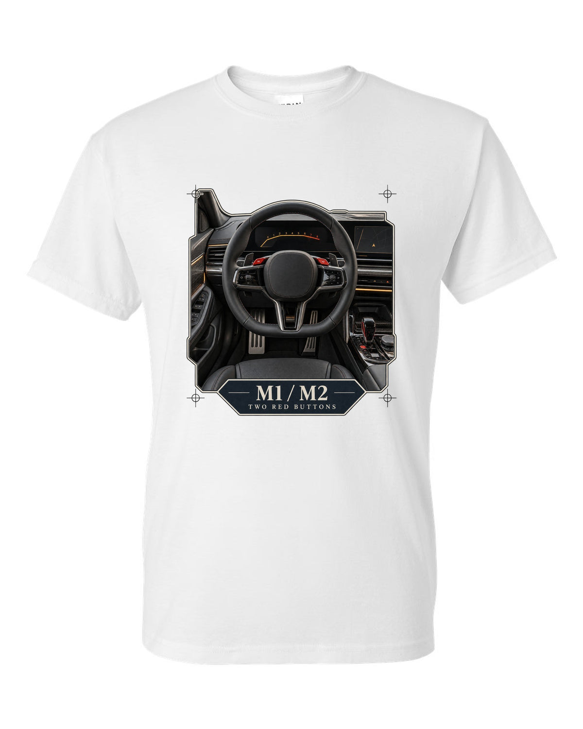 BMW M5 G90 cockpit and gauge cluster print on a tee white t-shirt front view with the design