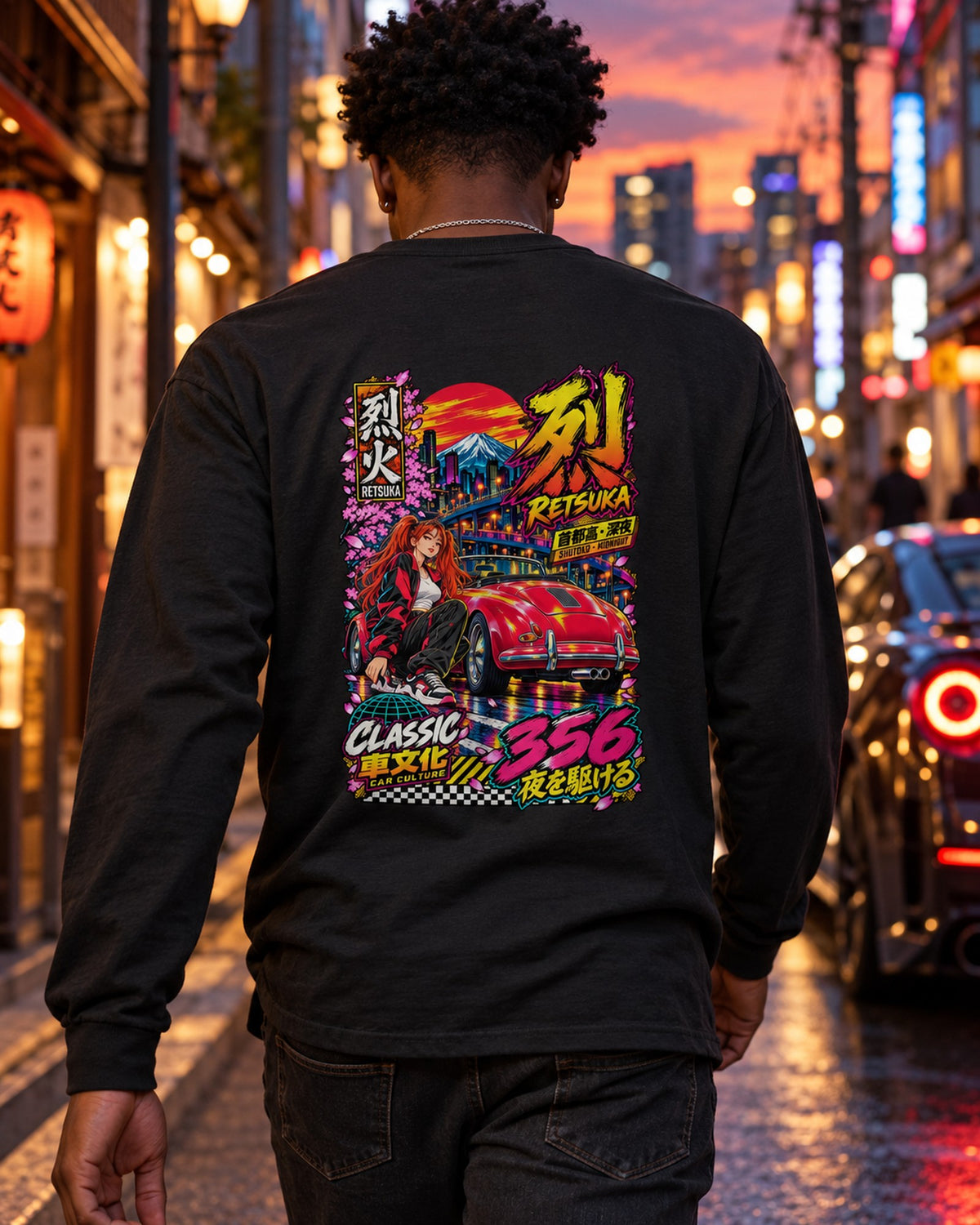 RETSUKA 356 Anime Girl Full-Back Graphic Tee Long Sleeve Black worn hero