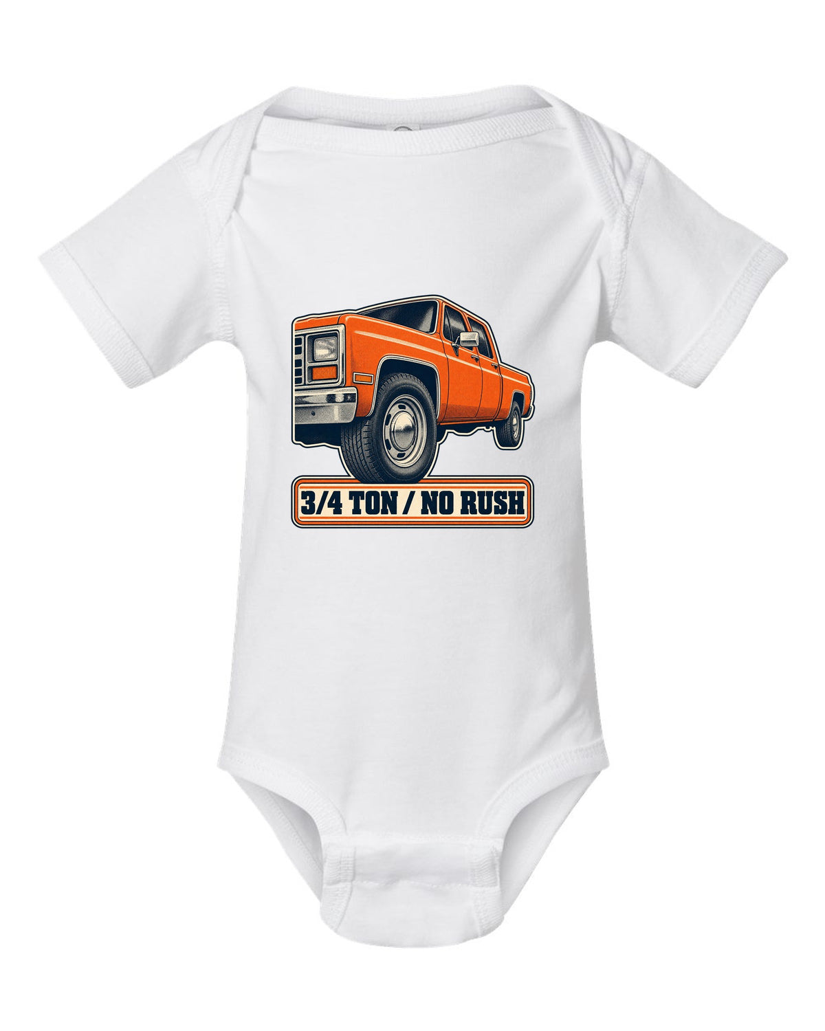 Retro halftone print of a steel wheel close-up on a 1973-87 Chevrolet C20 Squarebody with 3/4 ton lettering white baby onesie front view with the design