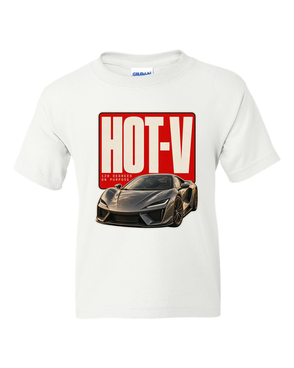 Editorial headline print of a McLaren Artura with hot-V 120 degree text white kids tee front view with the design