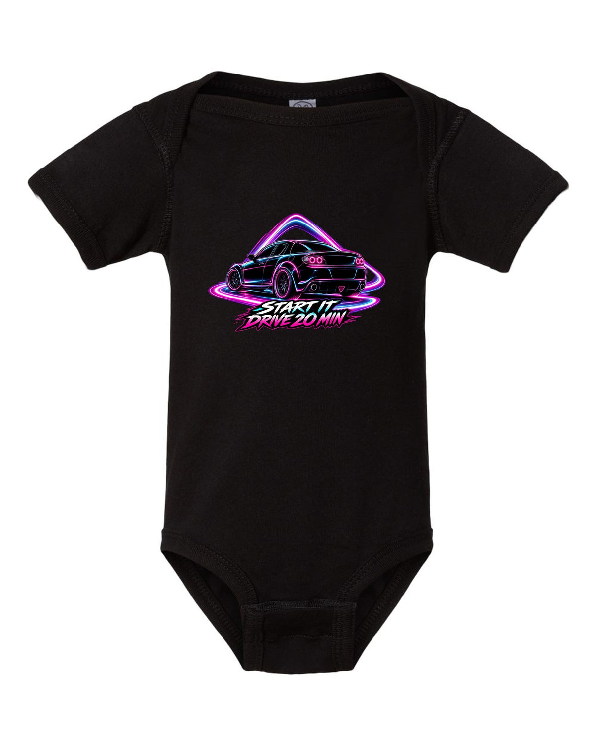 Neon outline light painting of a Mazda RX-8 SE3P with START IT / DRIVE 20 MIN lettering black baby onesie front view with the design