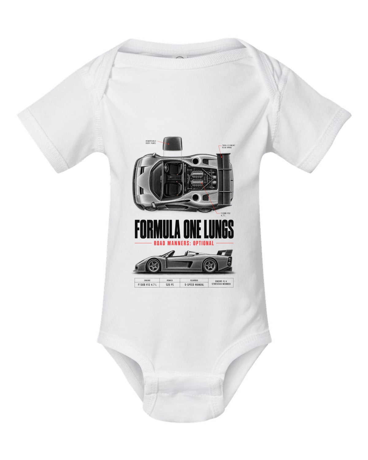 Ferrari F50 1995 top-down and profile spec poster print, F130B V12 4.7 L white baby onesie front view with the design