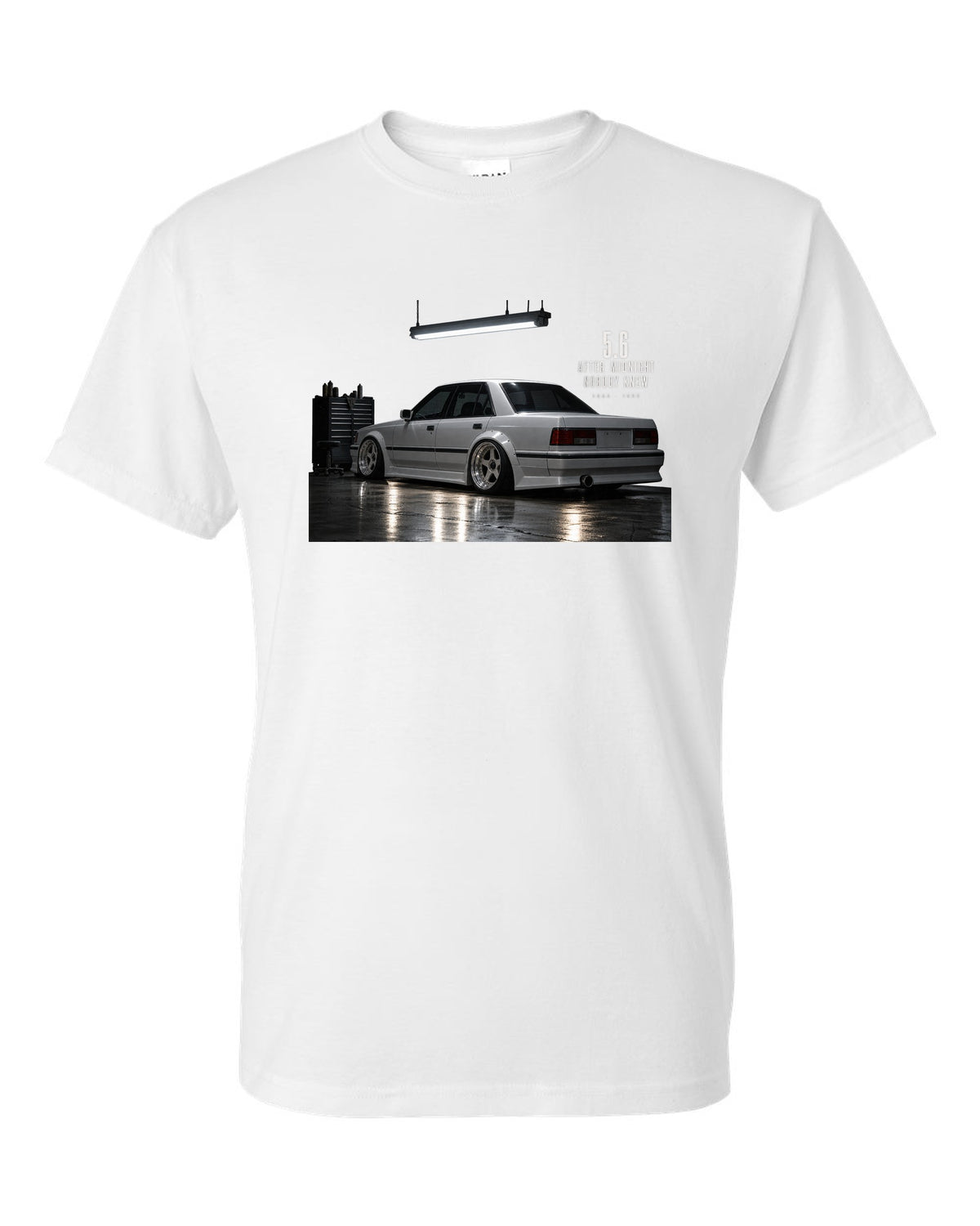 print of a Mercedes W124 300E 5.6 Hammer in a night garage with the text 5.6 After Midnight Nobody Knew white t-shirt front view with the design