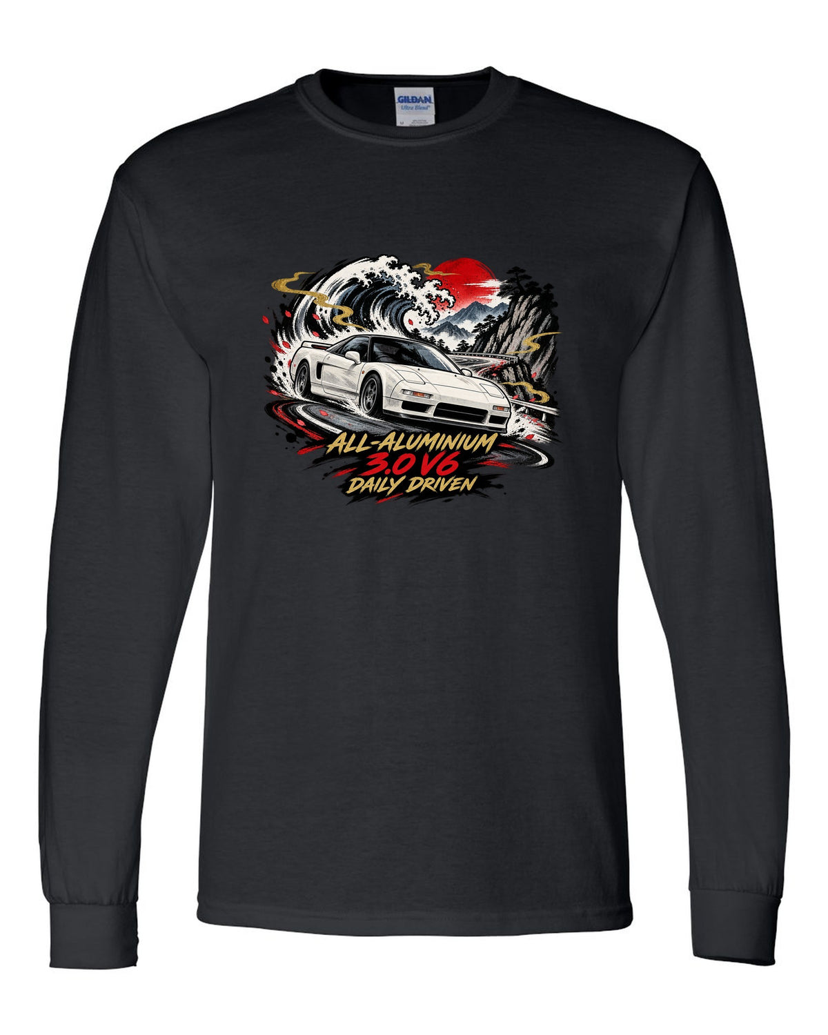 Sumi-e ink wave style print of a Honda NSX NA1 with all-aluminium 3.0 V6 daily driven text black long sleeve front view with the design