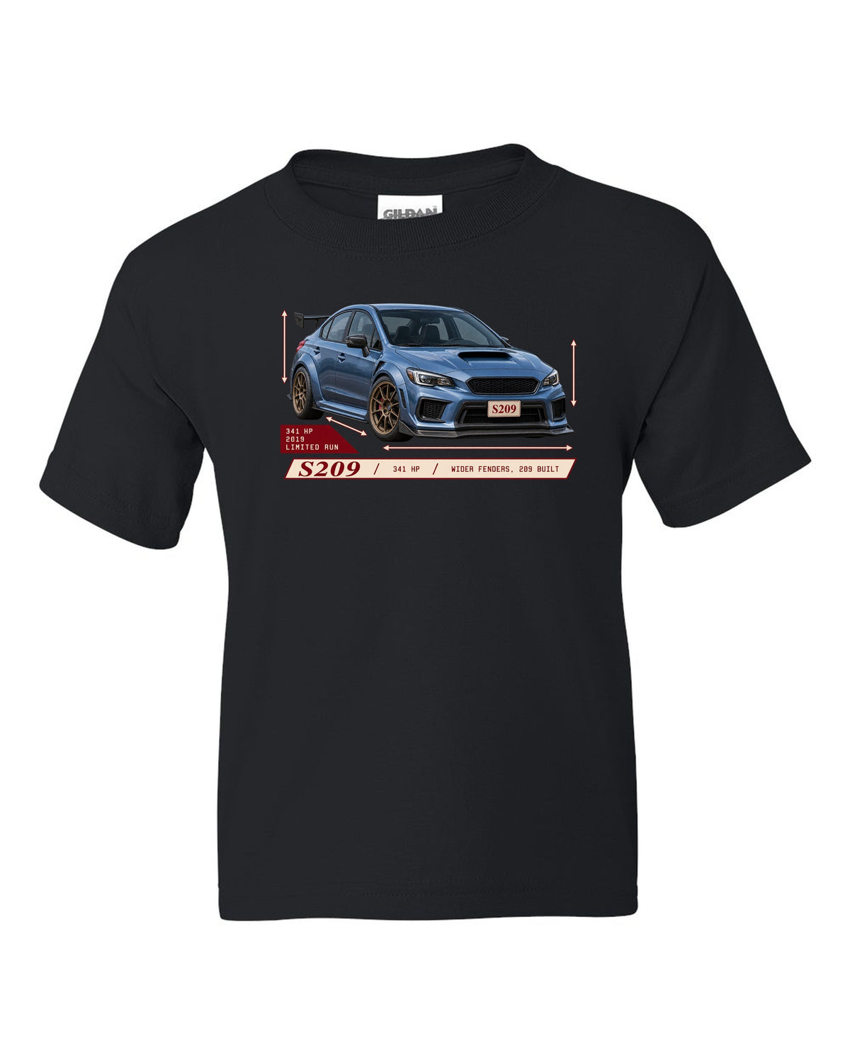 Subaru WRX STI S209 2019 widebody archive panel design black kids tee front view with the design