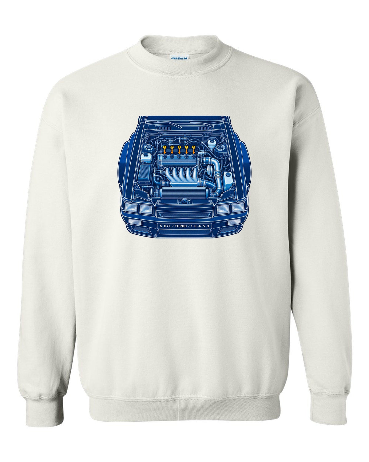 Cyanotype blueprint print of an Audi Ur-Quattro Type 85 with firing order text white crewneck front view with the design