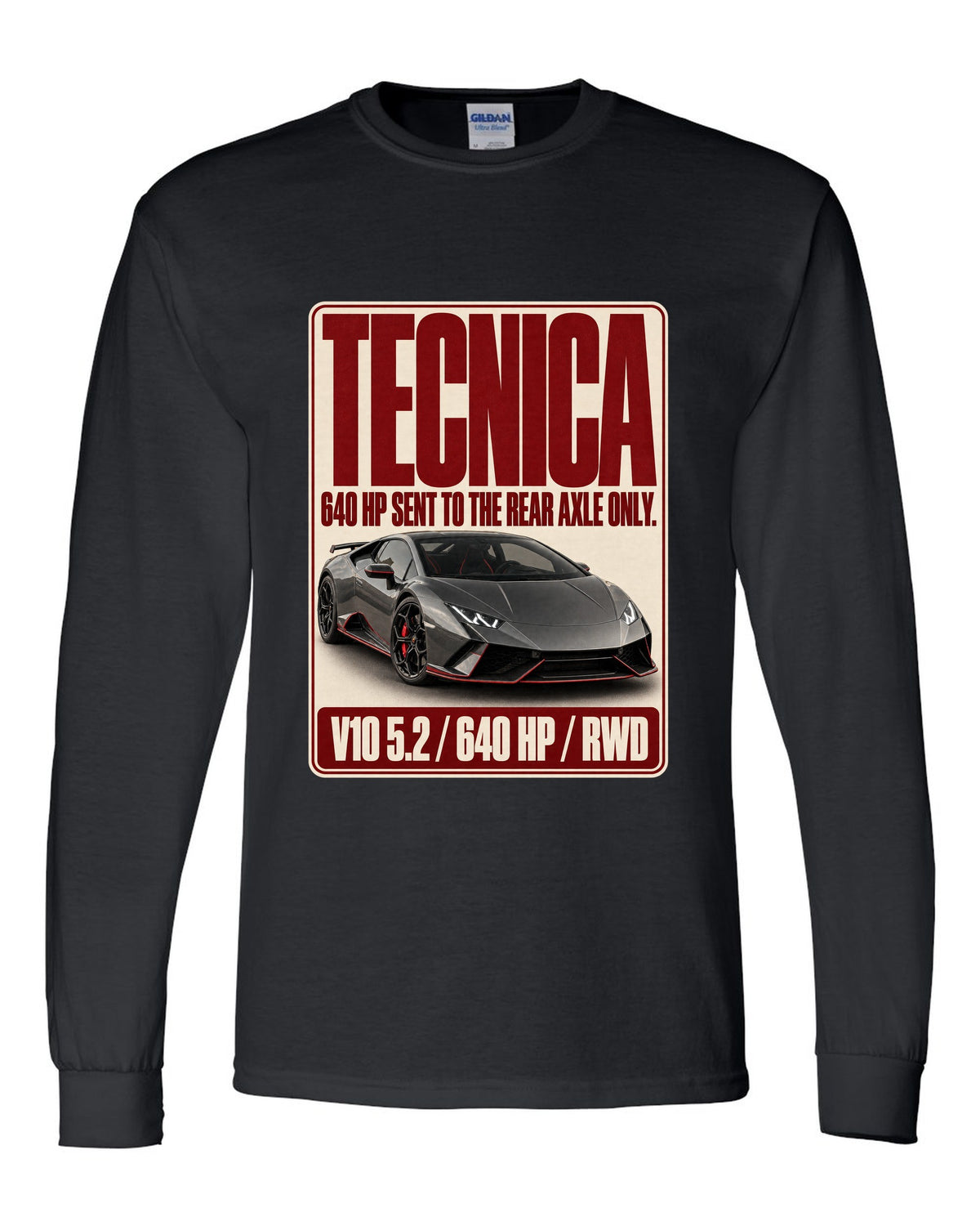 Editorial headline print of the Lamborghini Huracan Tecnica black long sleeve front view with the design