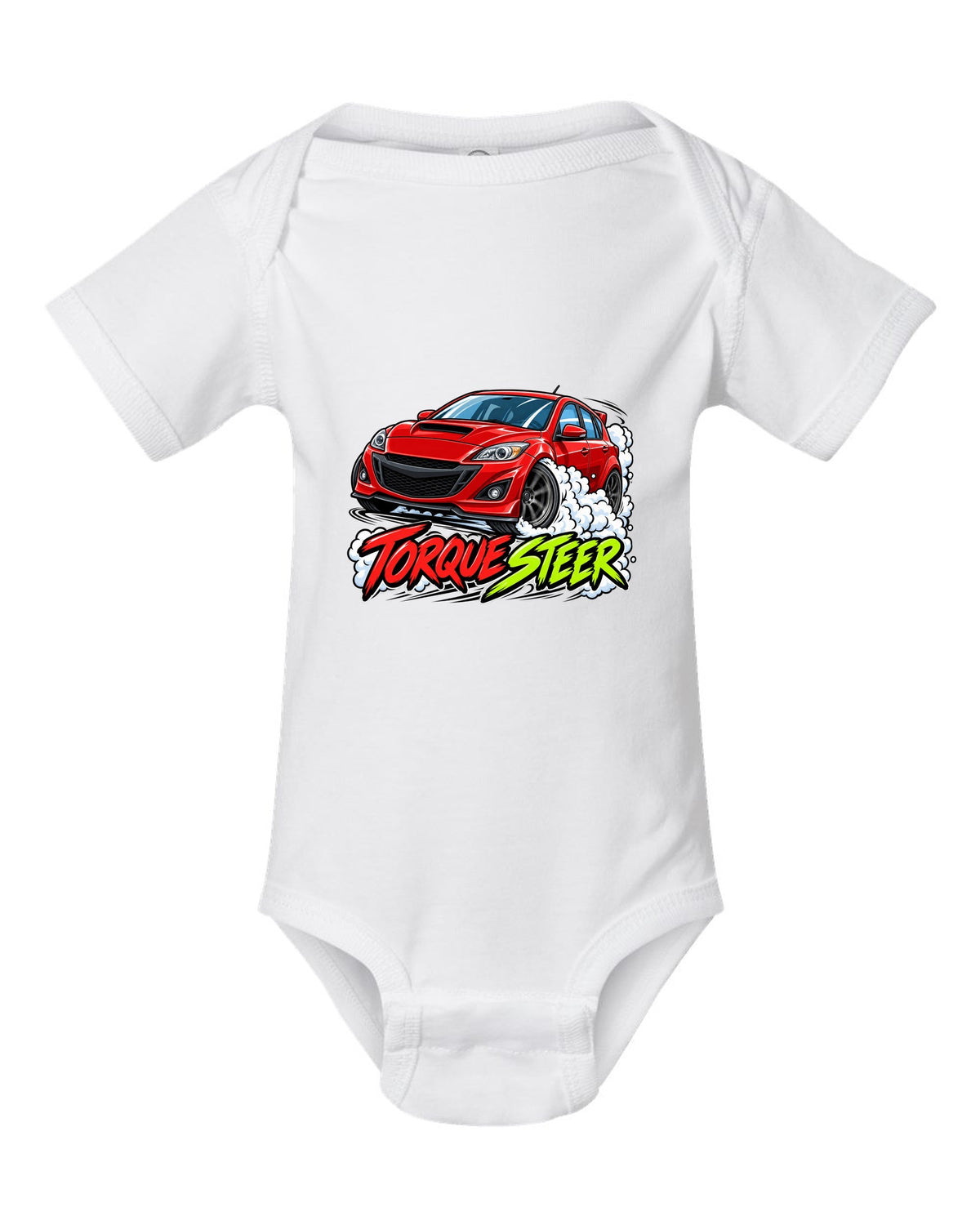 Double-exposure vector design of the Mazdaspeed Miata NB turbo with NB / 178 HP lettering white baby onesie front view with the design