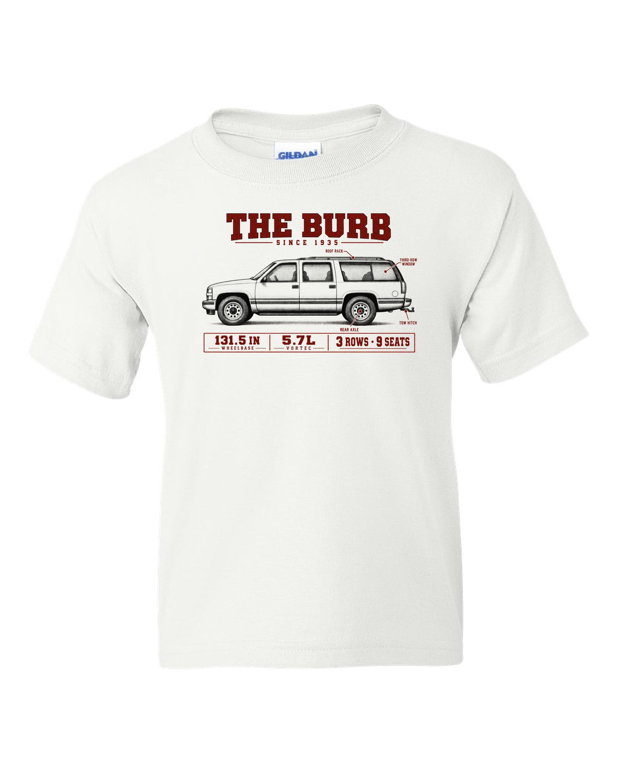 1992-99 Chevy Suburban GMT400 spec poster print white kids tee front view with the design