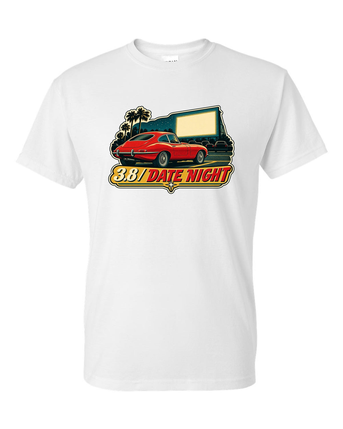 Jaguar E-Type Series 1 vintage race poster with 3.8 DATE NIGHT lettering white t-shirt front view with the design
