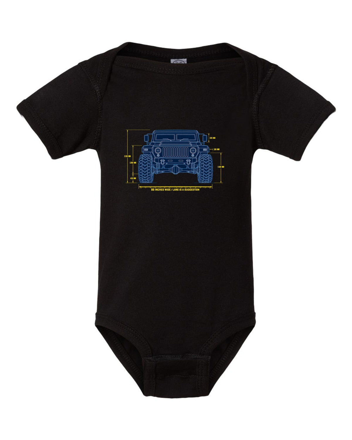 Blueprint patent line art print of the Hummer H1 M998 lineage with 86 inches wide text black baby onesie front view with the design