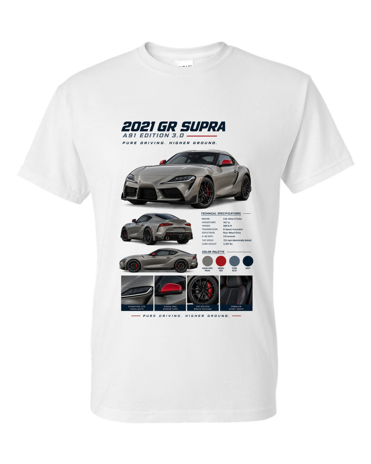 Dossier panel layout of the 2021 Toyota GR Supra A91 Edition in warm grey pearl with red mirror caps white t-shirt front view with the design