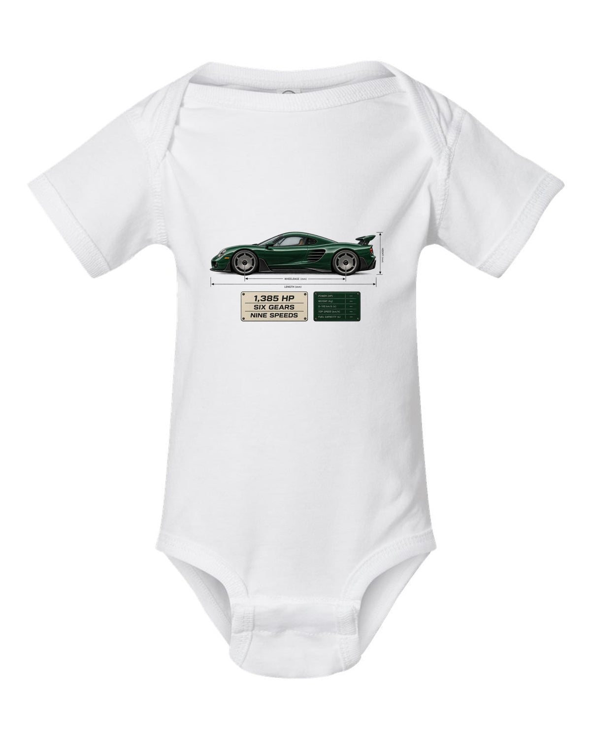 Blueprint print of the Koenigsegg CC850 with the text 1,385 hp, six gears, nine speeds white baby onesie front view with the design