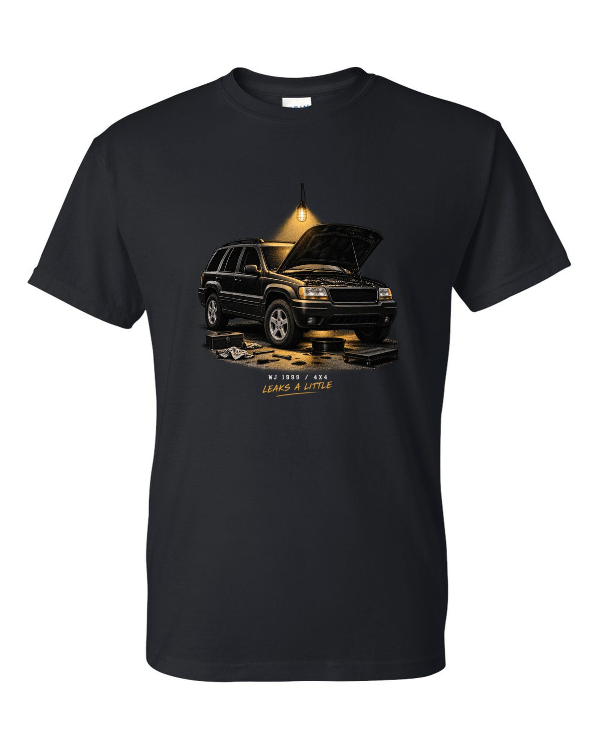 Jeep Grand Cherokee WJ in a night garage print with 1999 4x4 caption black t-shirt front view with the design