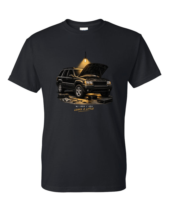 Jeep Grand Cherokee WJ in a night garage print with 1999 4x4 caption black t-shirt front view with the design