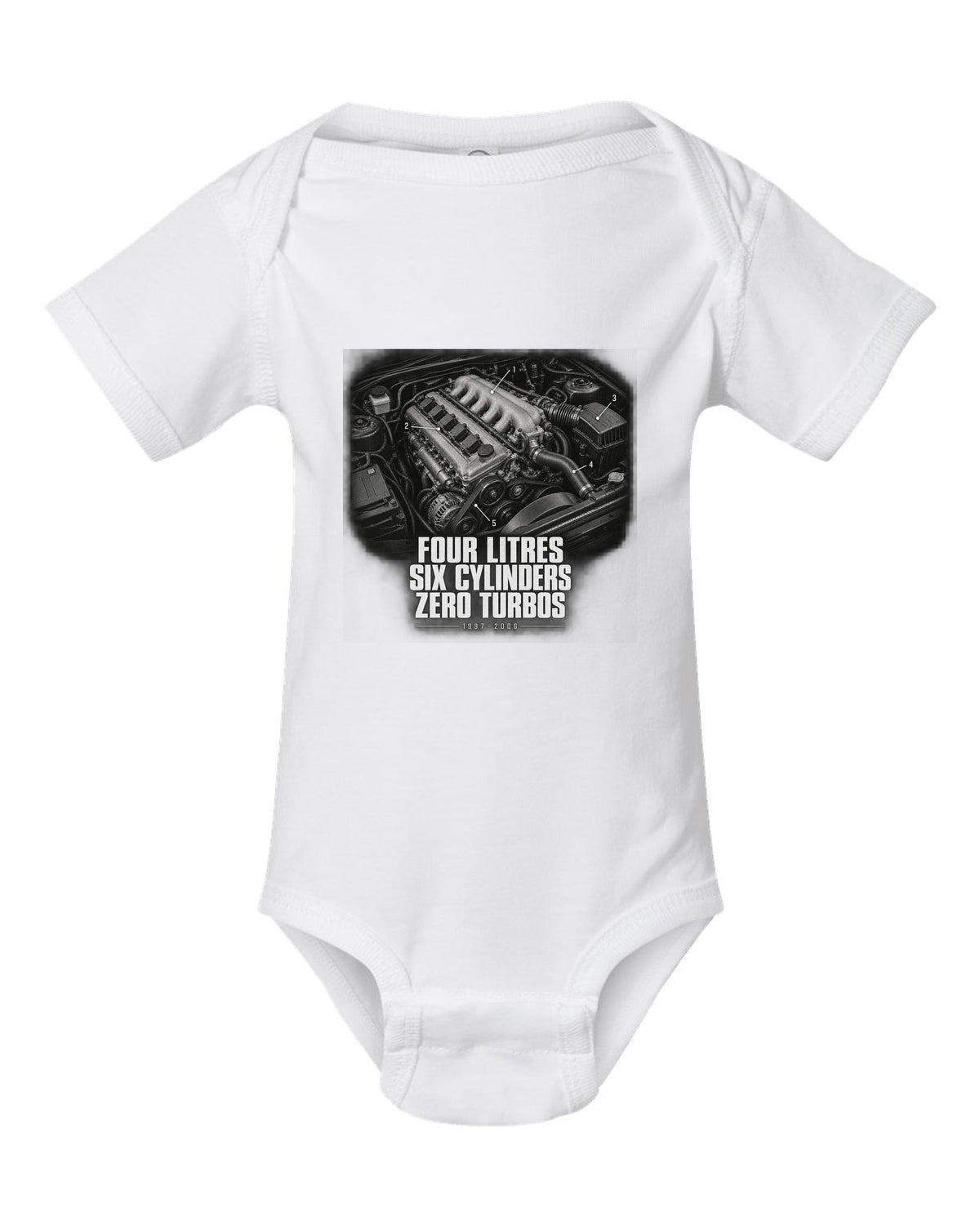 Engine hero print for the Jeep Wrangler TJ, Four Litres Six Cylinders Zero Turbos white baby onesie front view with the design