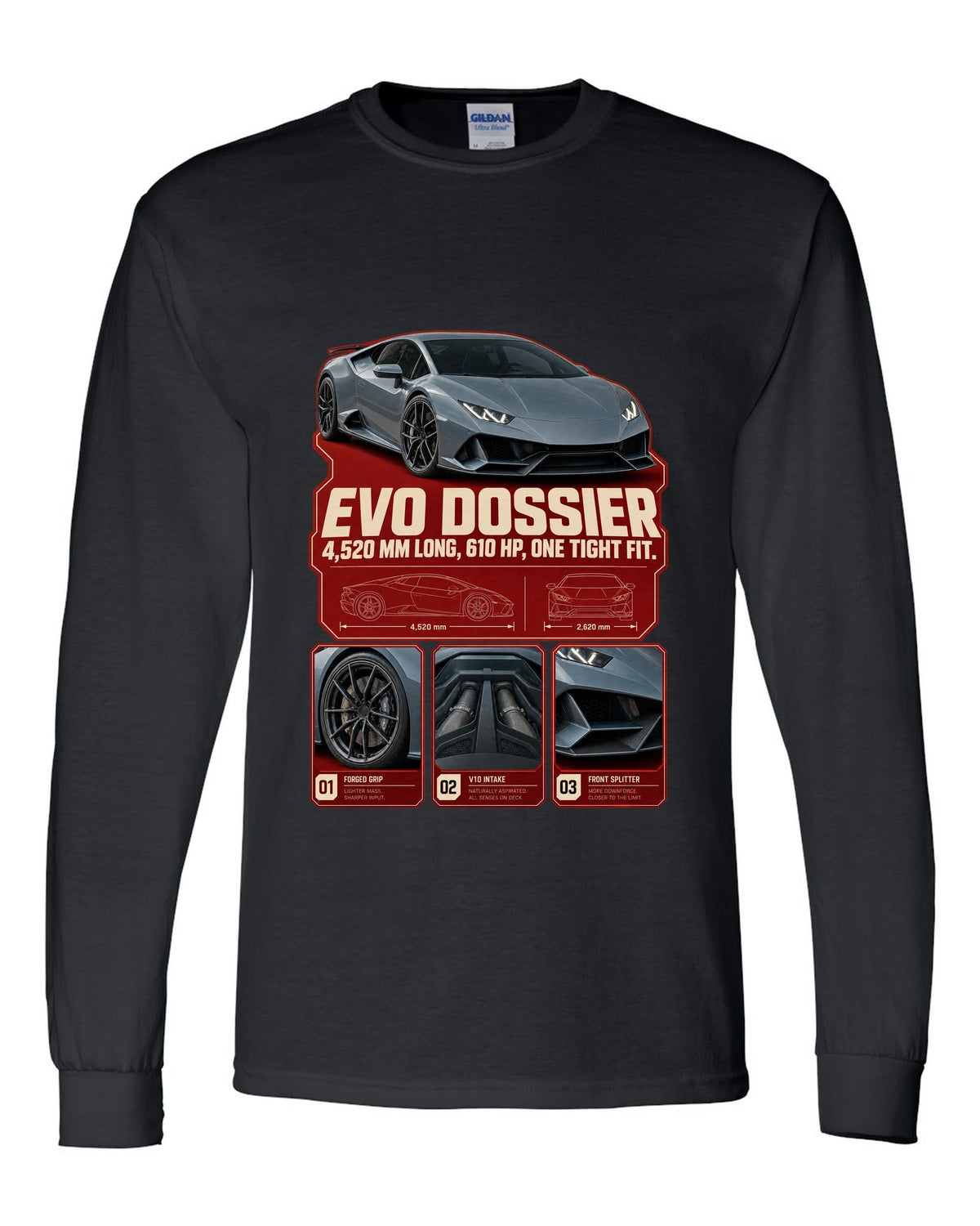 Dossier panel print of the Lamborghini Huracan EVO black long sleeve front view with the design