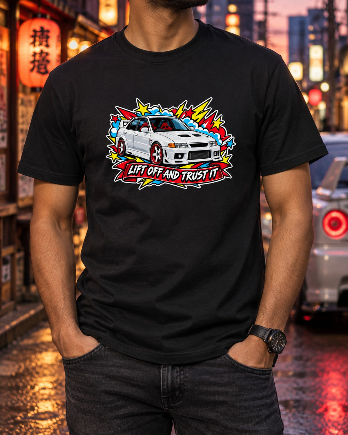Mitsubishi Evo VI CP9A Sticker Bomb Shirt, Lift Off Car Tee T-Shirt Black worn hero