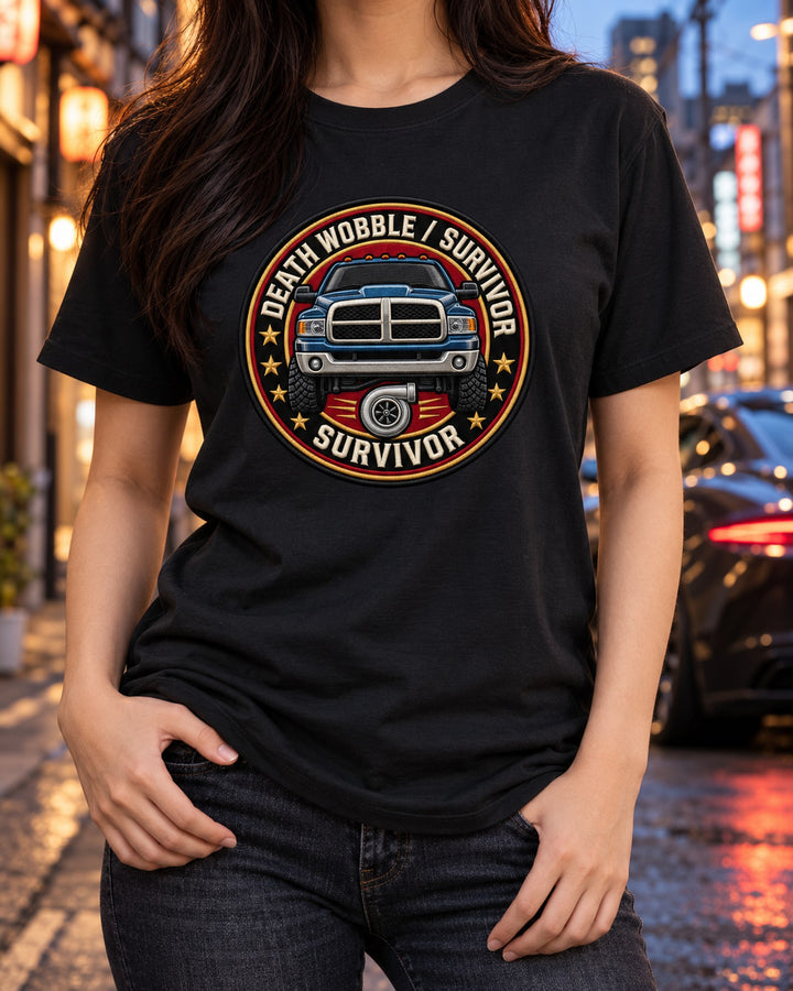 Death Wobble Survivor Shirt, 2003-2009 Dodge Ram 2500 Cummins T-Shirt Black worn hero