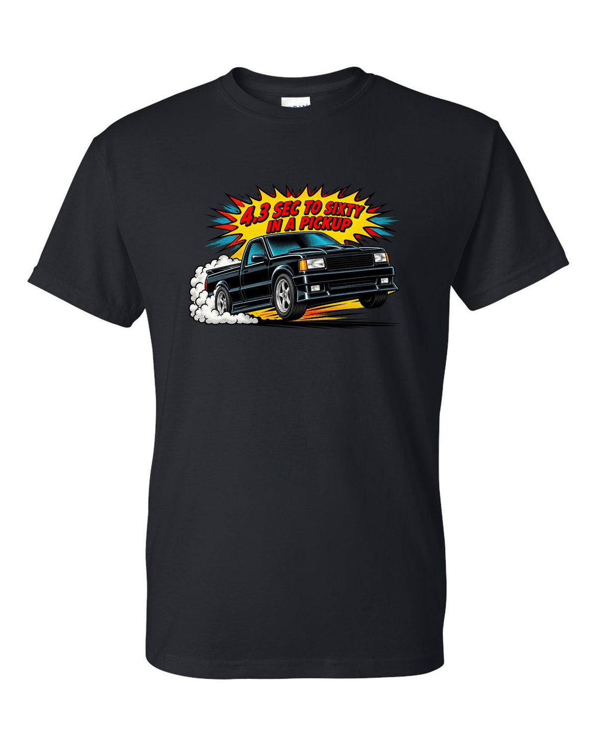 Comic halftone pop-art launch burst print of a 1991 GMC Syclone with 4.3 sec to sixty text black t-shirt front view with the design
