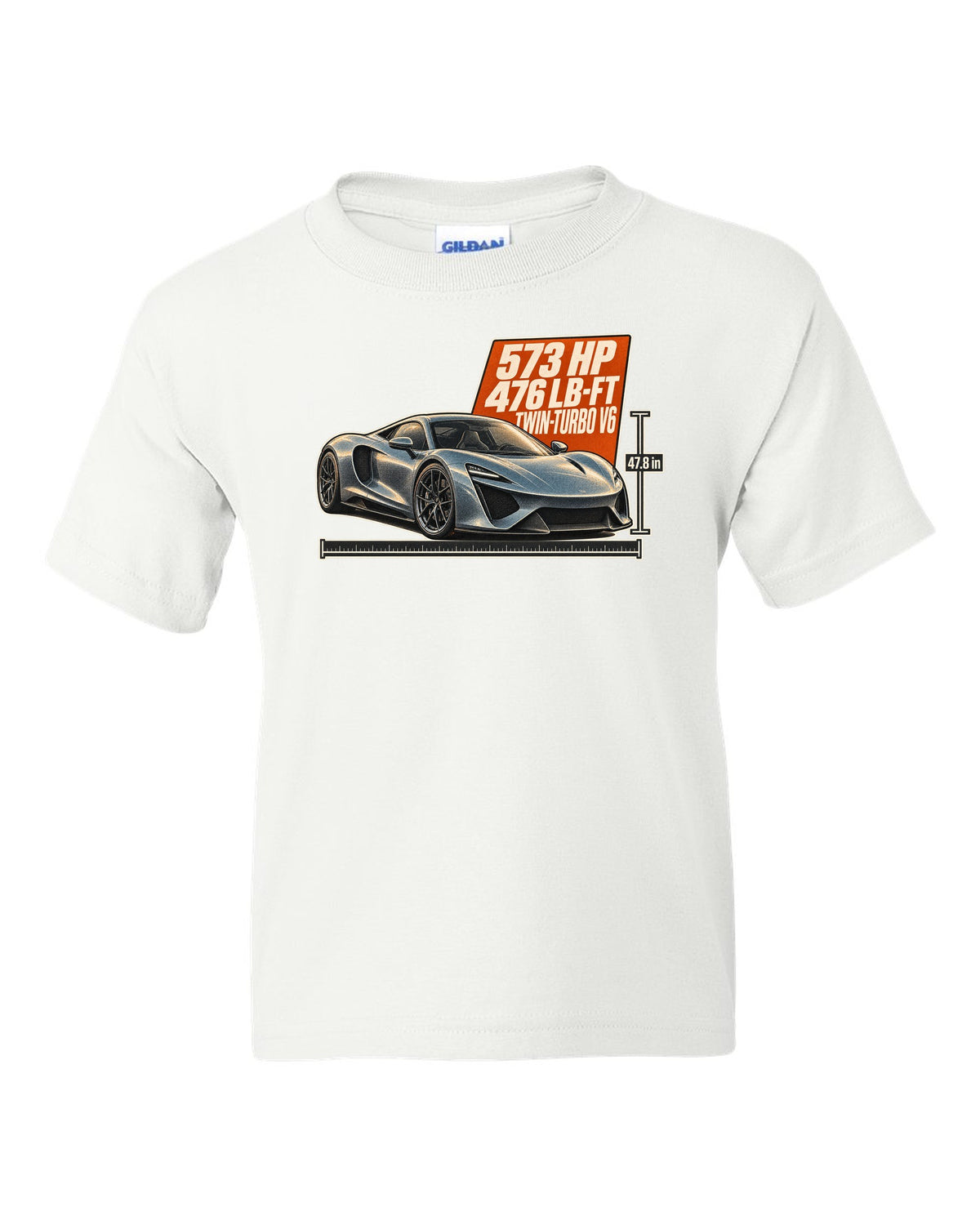 Halftone print of a 2020 Acura NSX NC1 front three-quarter white kids tee front view with the design