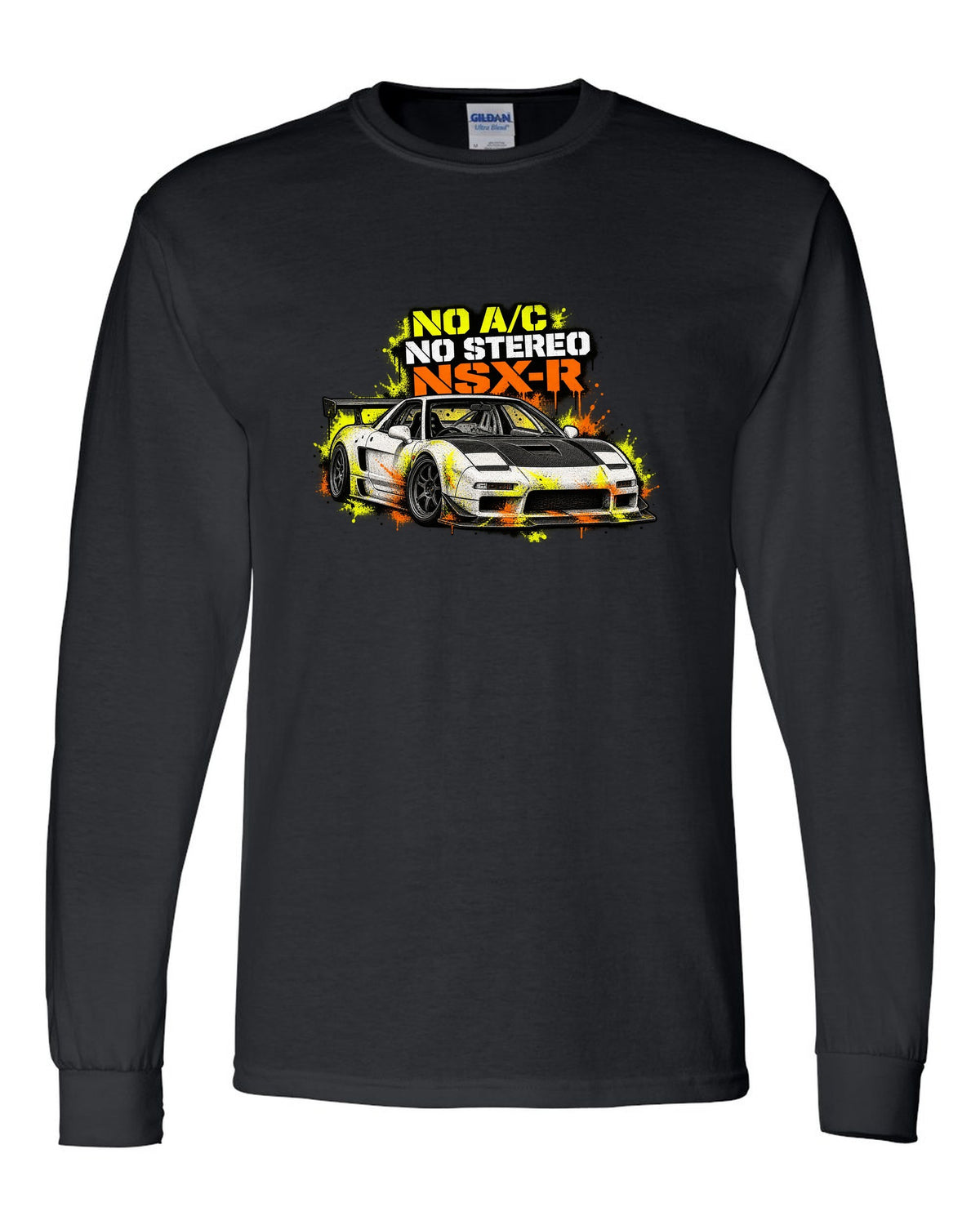 Risograph spot-colour print of a 1988 Honda CRX EF8 with B16A 950 KG Two Seats Only lettering black long sleeve front view with the design