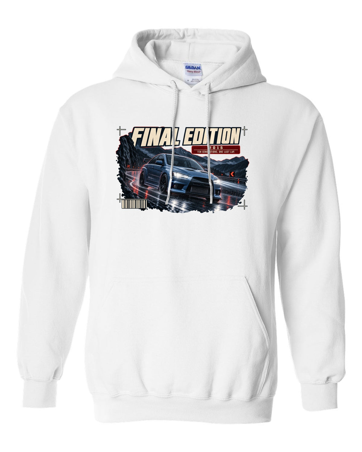 Mitsubishi Lancer Evolution X Final Edition low front three-quarter at night print white pull over hoodie front view with the design