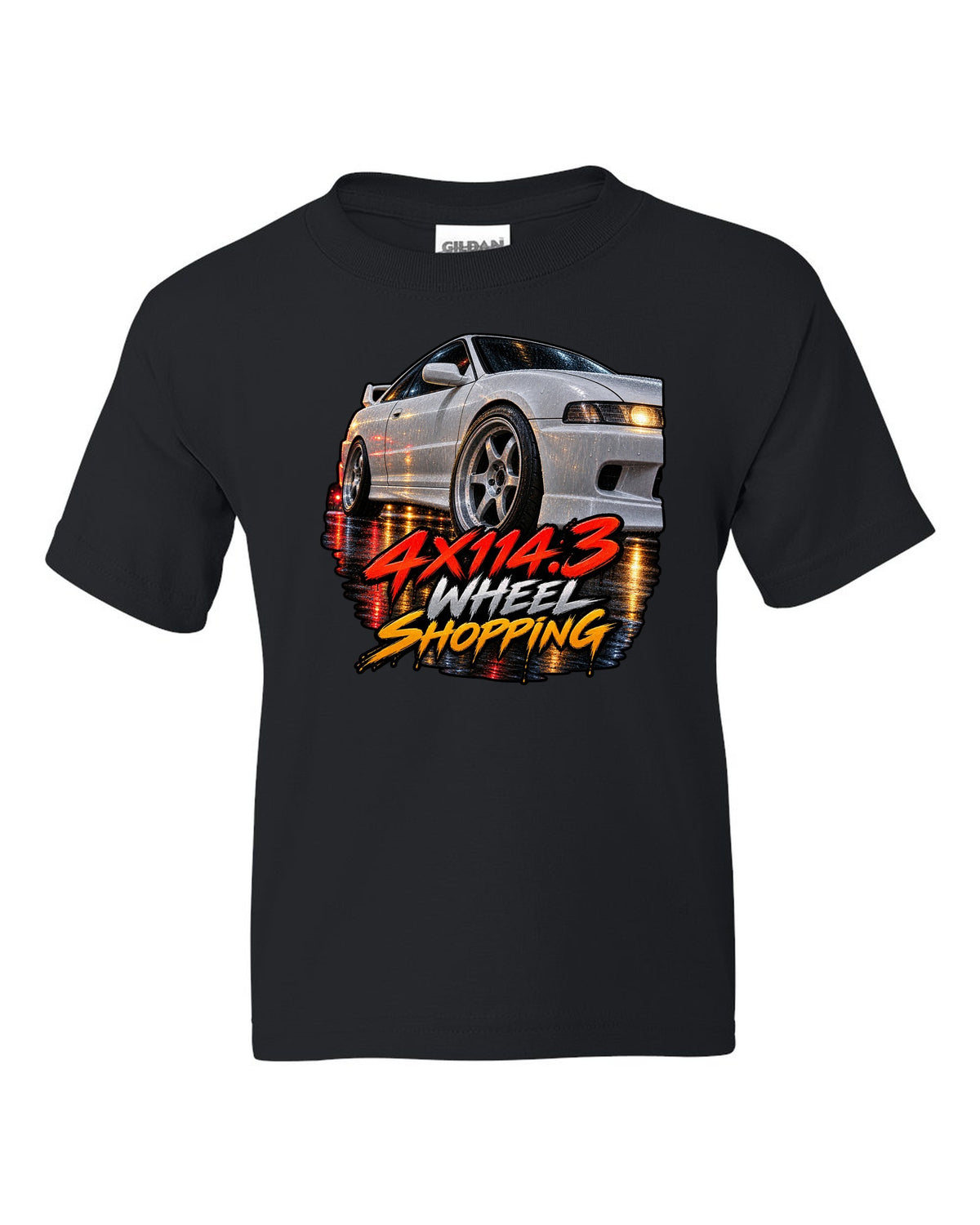 Cinematic macro painting print of a wet wheel on a 1995 Honda Integra DC2 coupe with 4x114.3 text black kids tee front view with the design