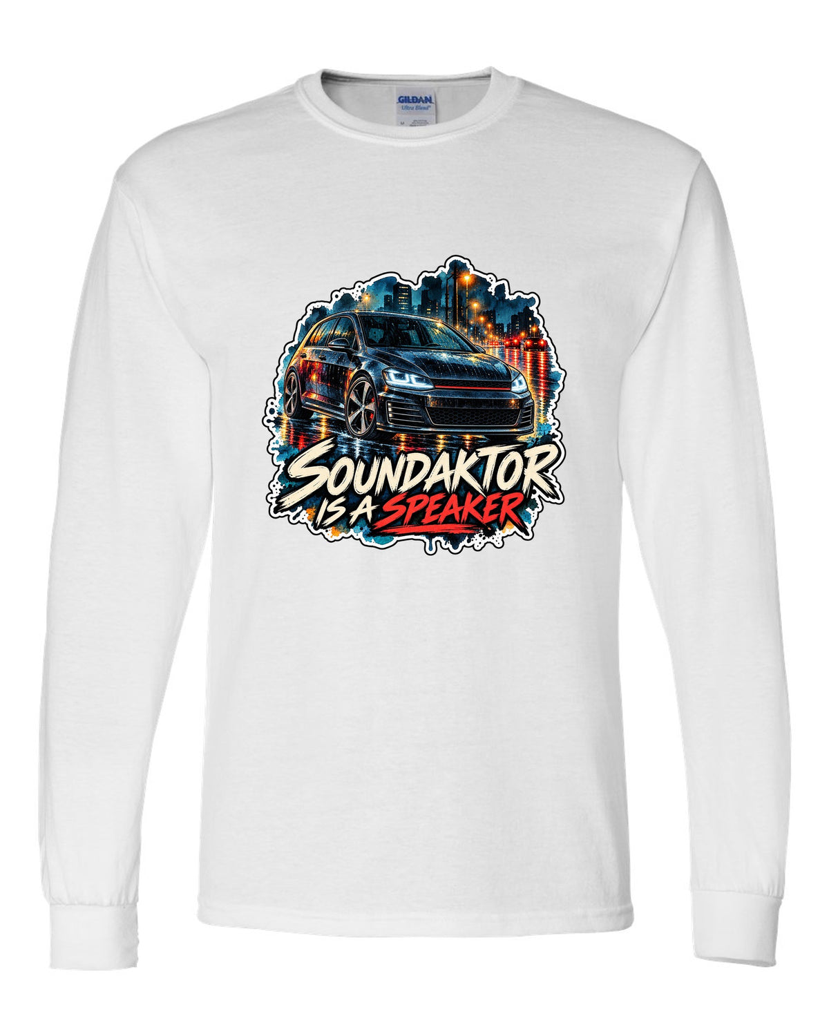 Watercolour wet-road night scene of a VW Golf Mk7 GTI with Soundaktor is a speaker text white long sleeve front view with the design