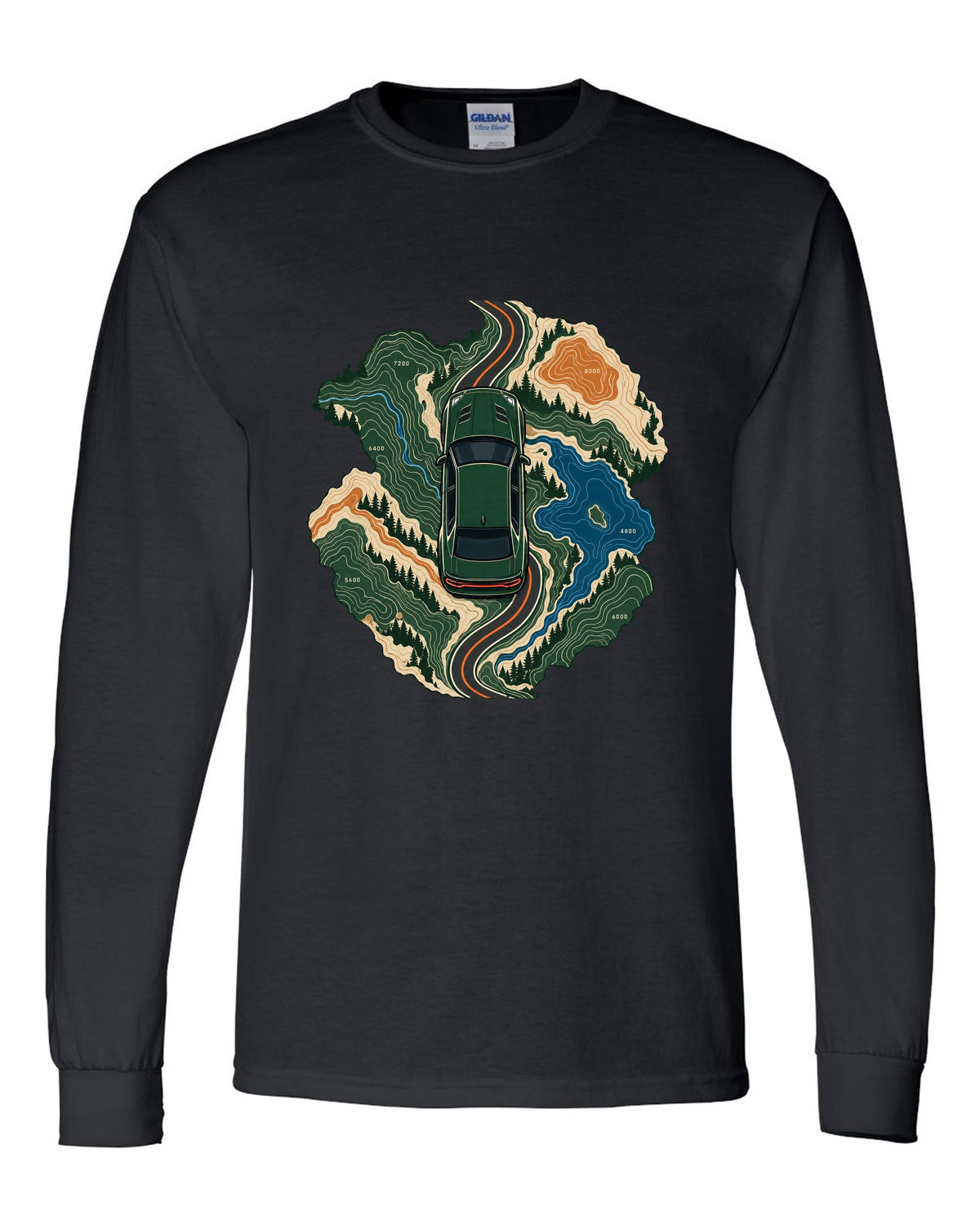 Topographic route map design with a 2019 Dodge Charger Scat Pack and 392 HEMI caption black long sleeve front view with the design