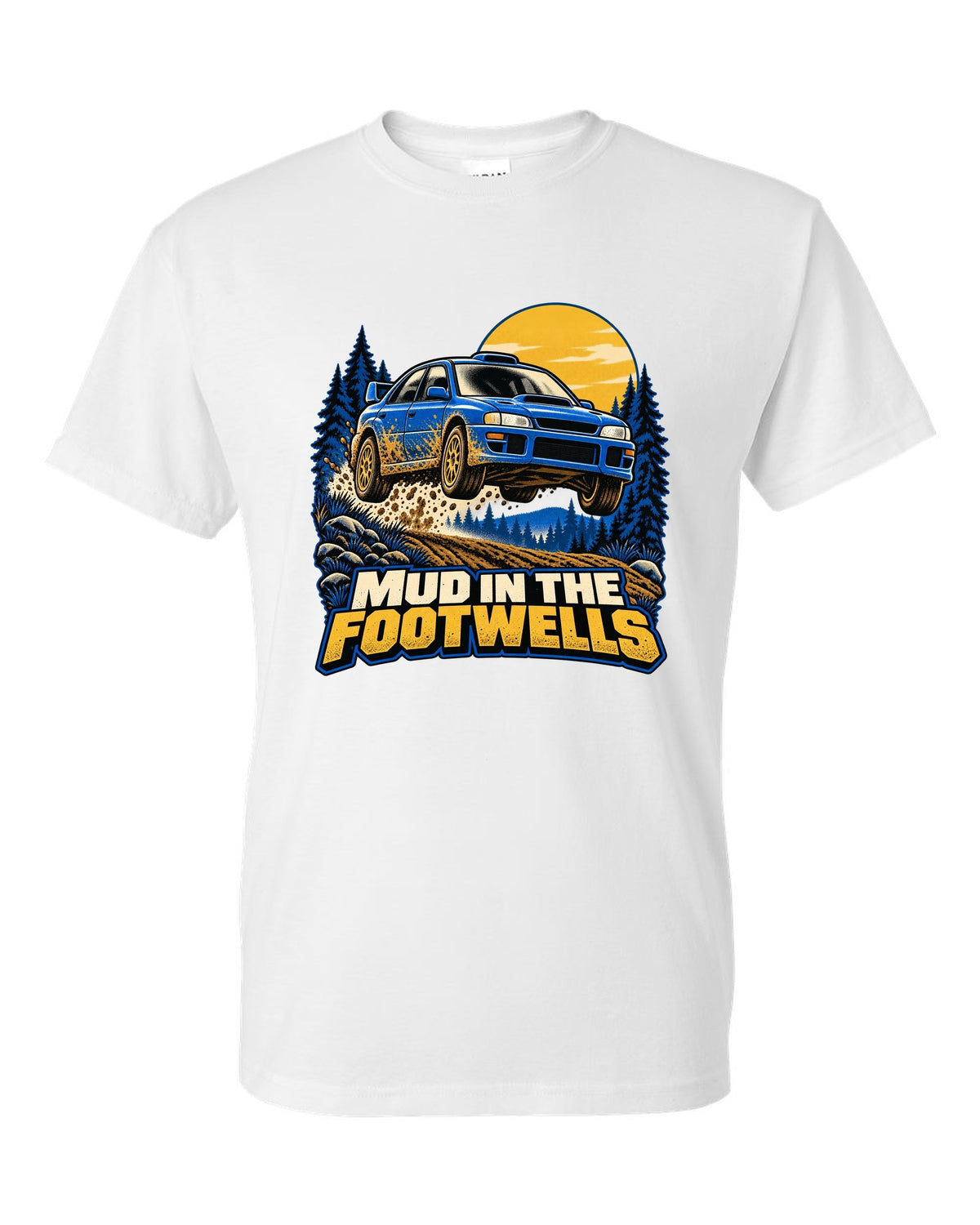 Comic halftone pop-art of a Subaru WRX STI GRB chback doing a burnout white t-shirt front view with the design
