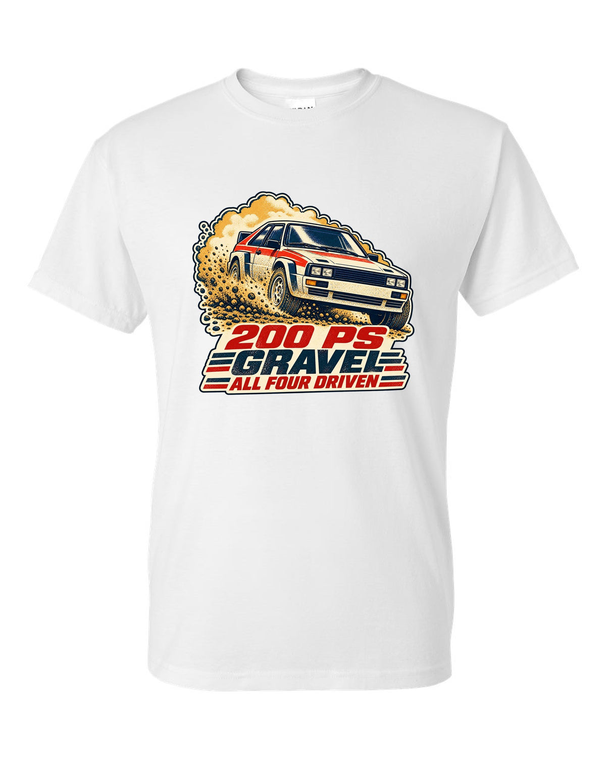 Vintage rally poster screenprint print of an Audi Ur-Quattro Type 85 on gravel white t-shirt front view with the design