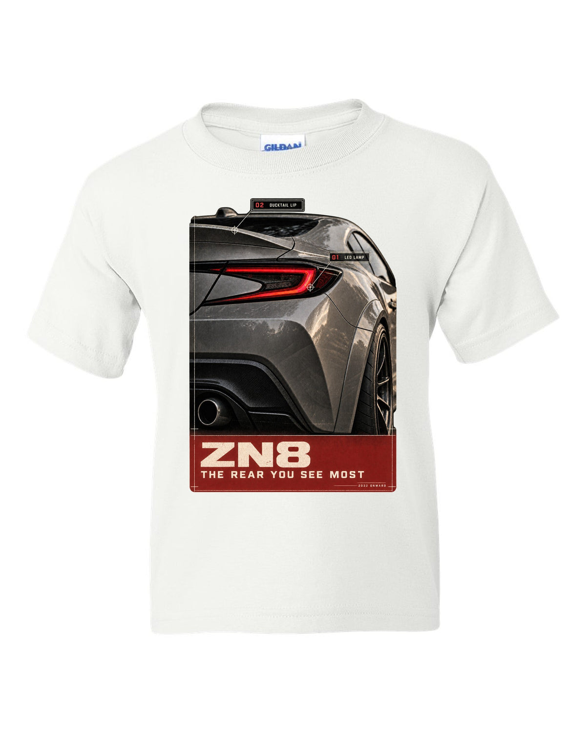 Macro poster-style print of the rear lamp on a Toyota GR86 ZN8 white kids tee front view with the design