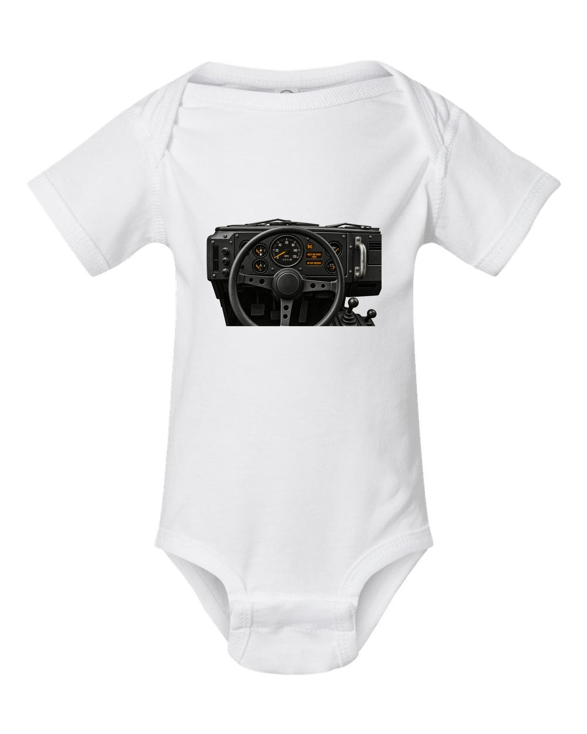 Land Rover Defender 110 cockpit gauge print with bolt-on dash text white baby onesie front view with the design