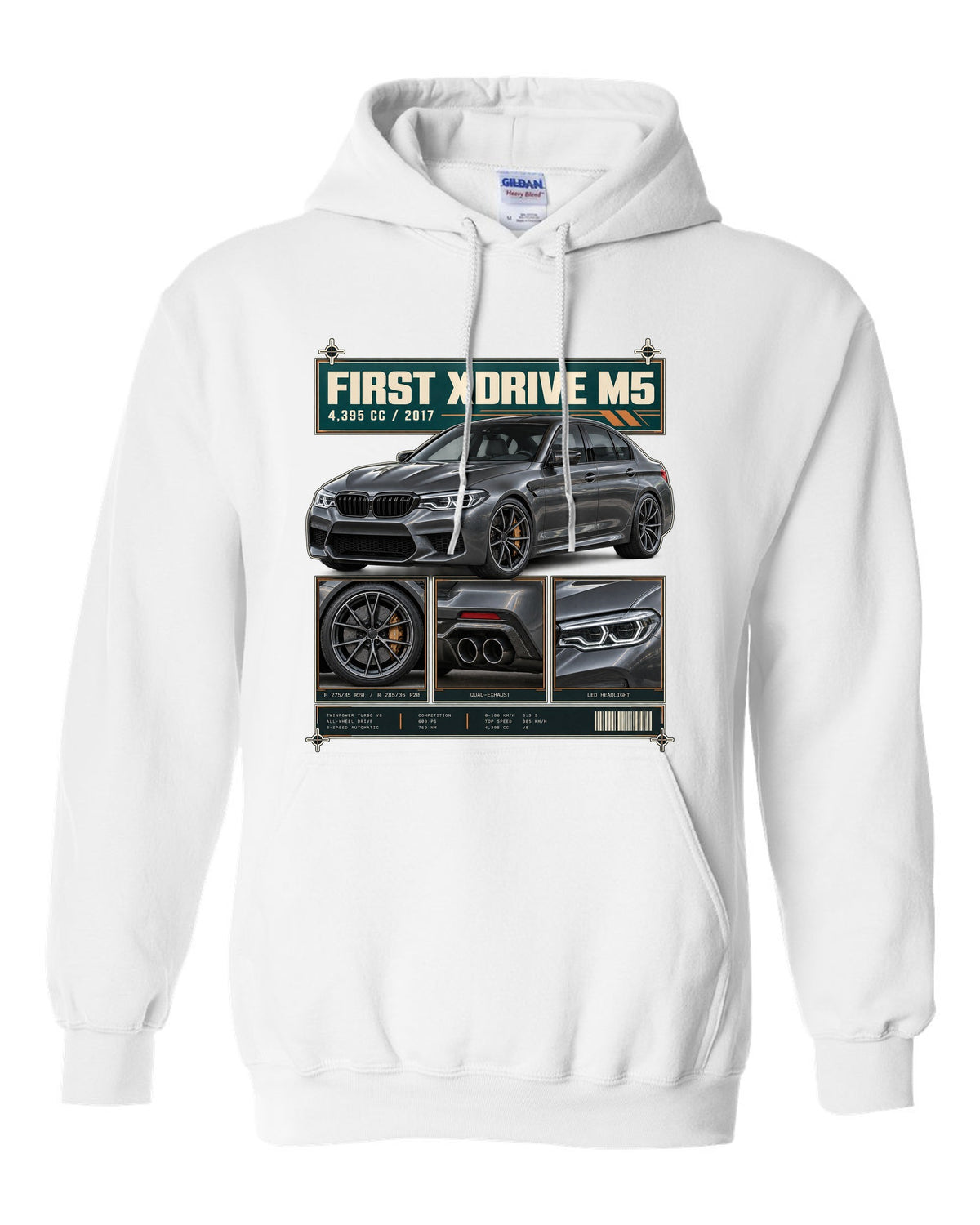 BMW M5 F90 Competition dossier panel print on a tee white pull over hoodie front view with the design